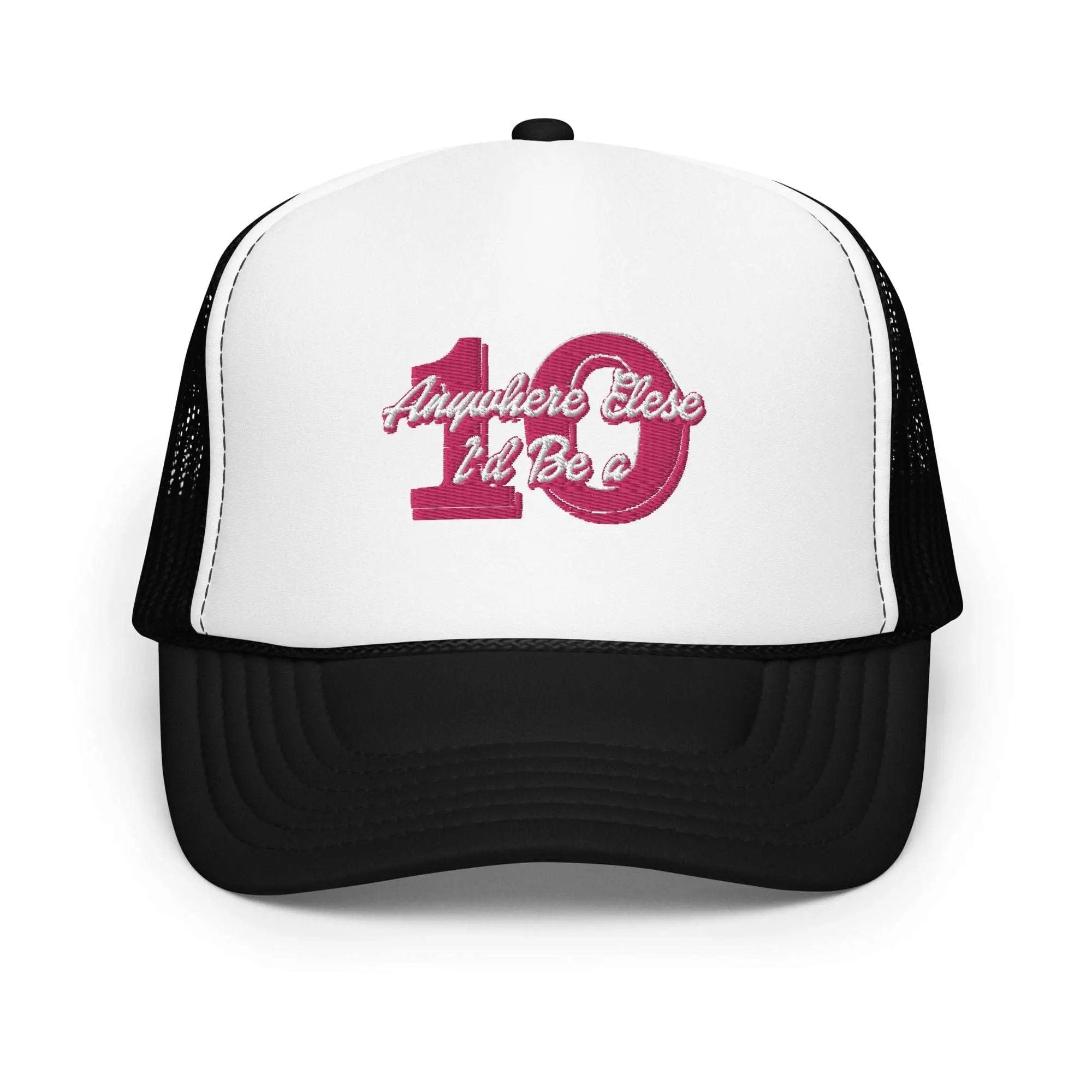 a white and black trucker hat with the number ten on it