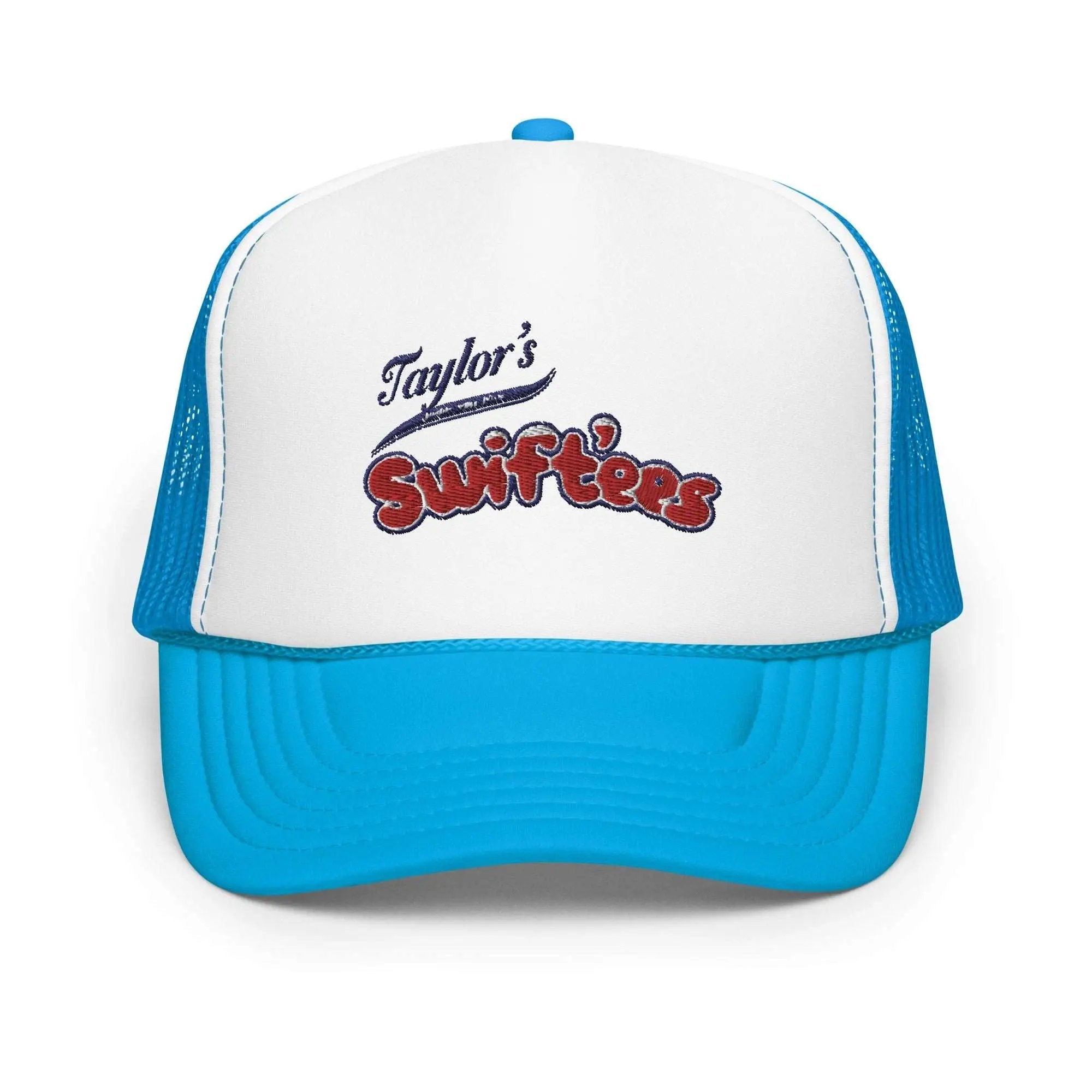 a white and blue trucker hat with taylor's surffries on it