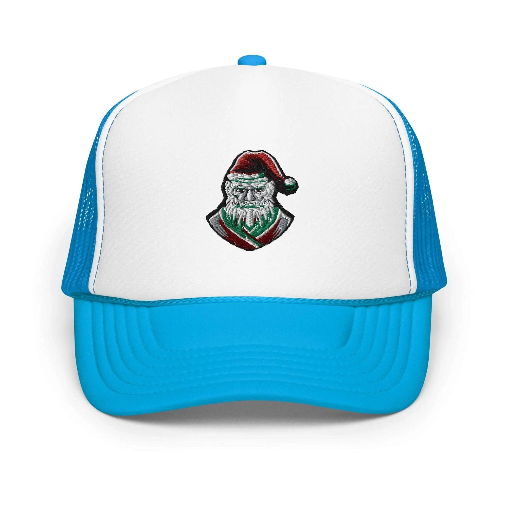 a white and blue hat with a santa clause on it