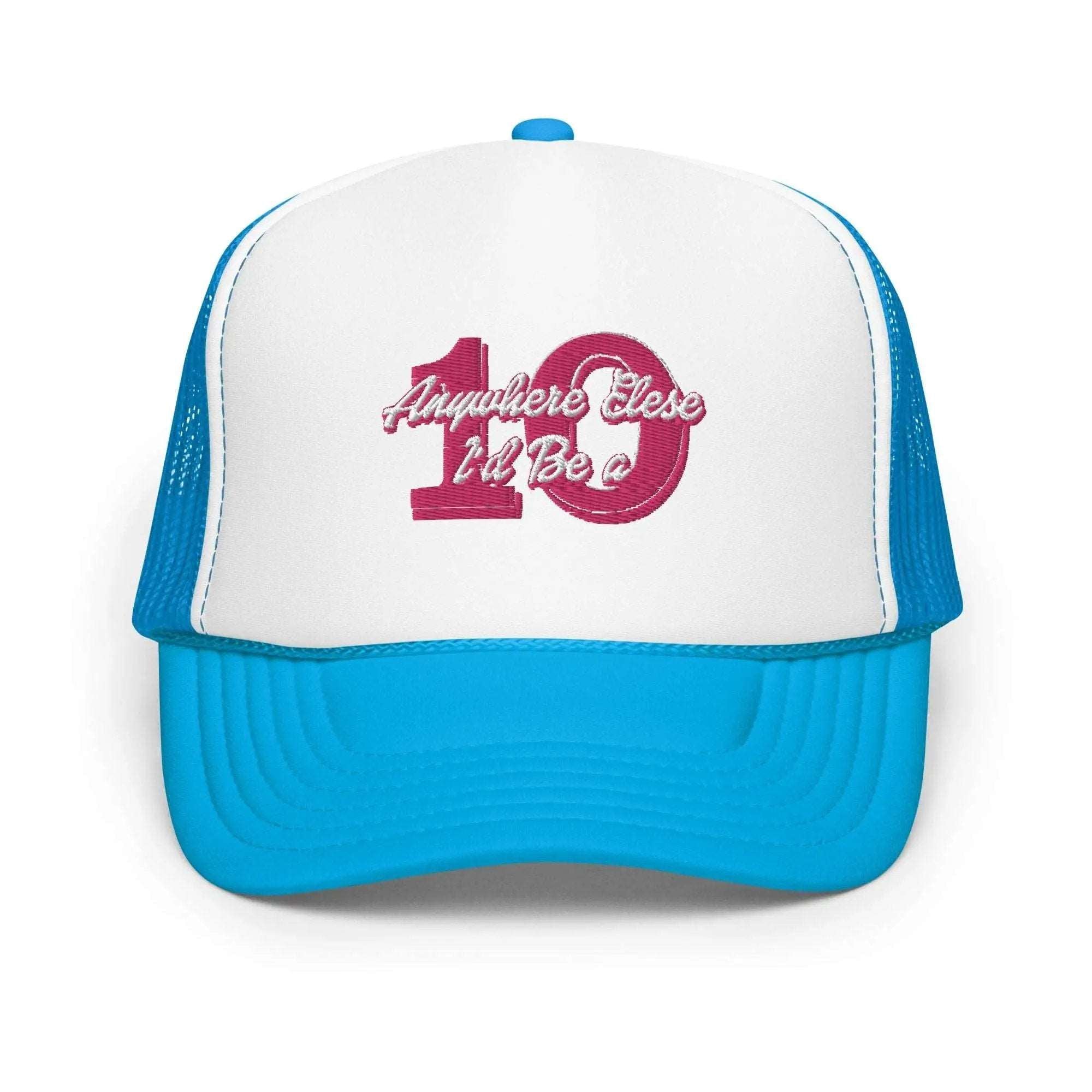 a white and blue trucker hat with the number one on it