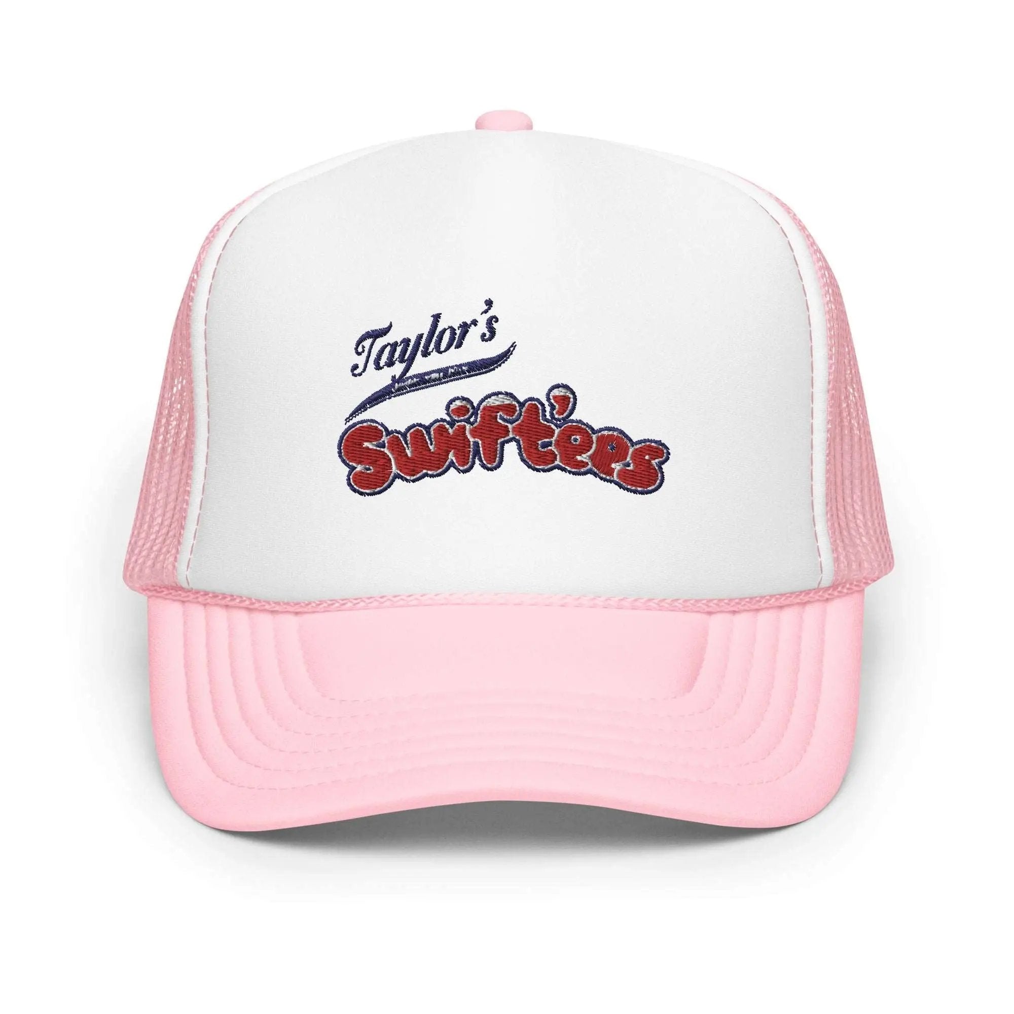 a pink and white trucker hat with taylor's surffries on it