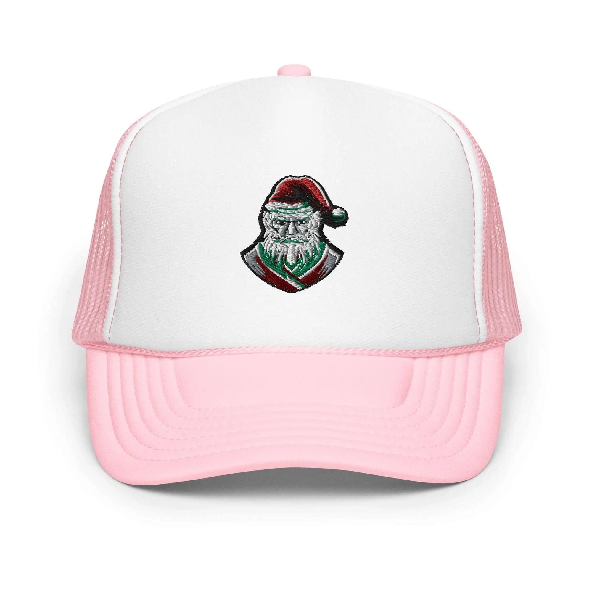 a pink and white trucker hat with a santa clause on it