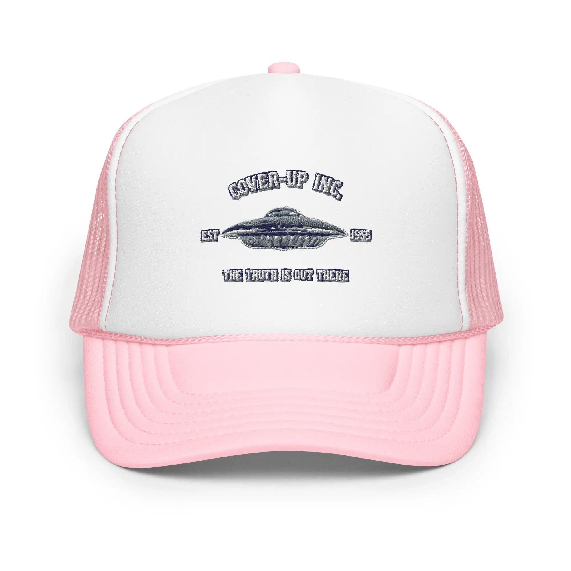a pink and white trucker hat with the words snap - up ink on it