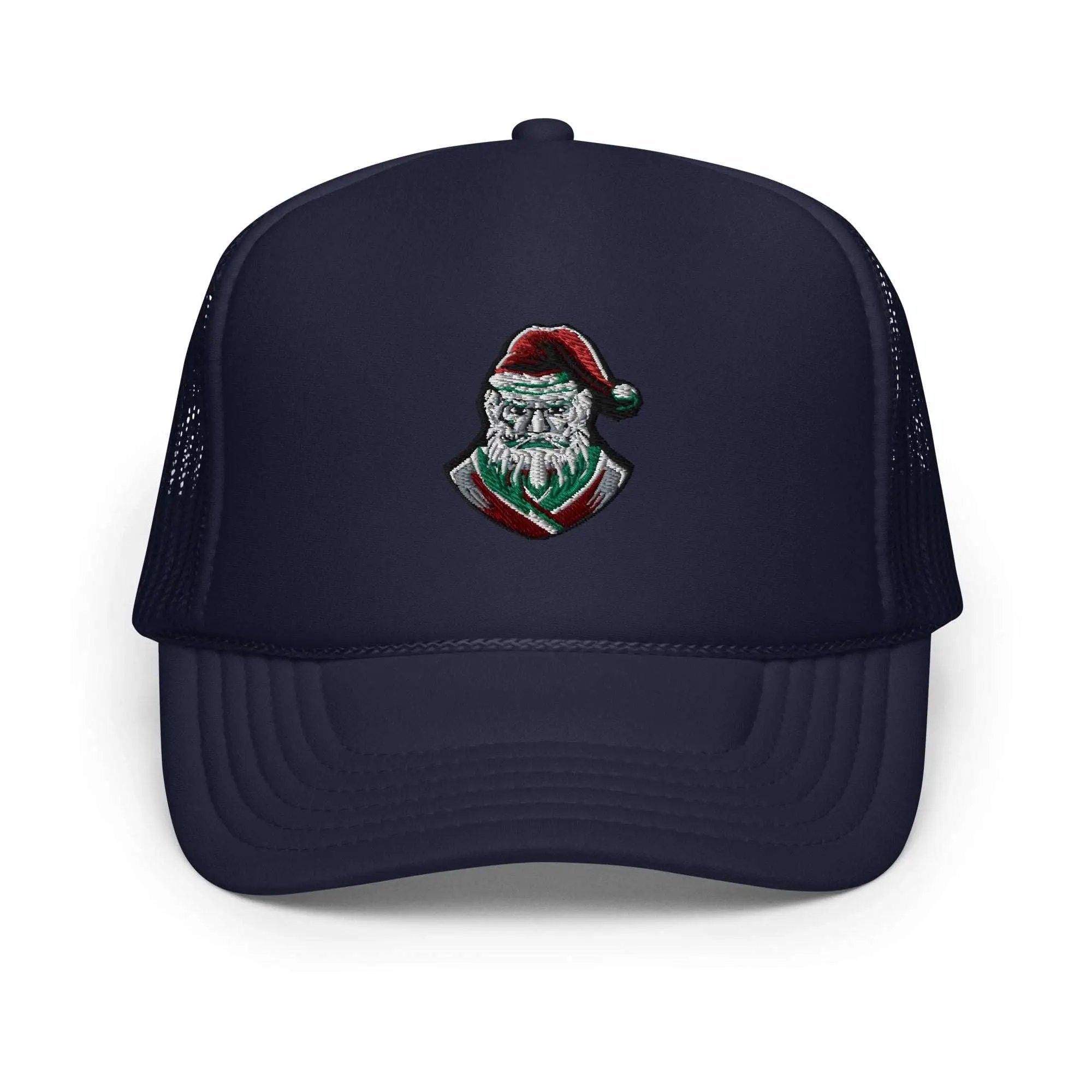 a trucker hat with a santa clause on it