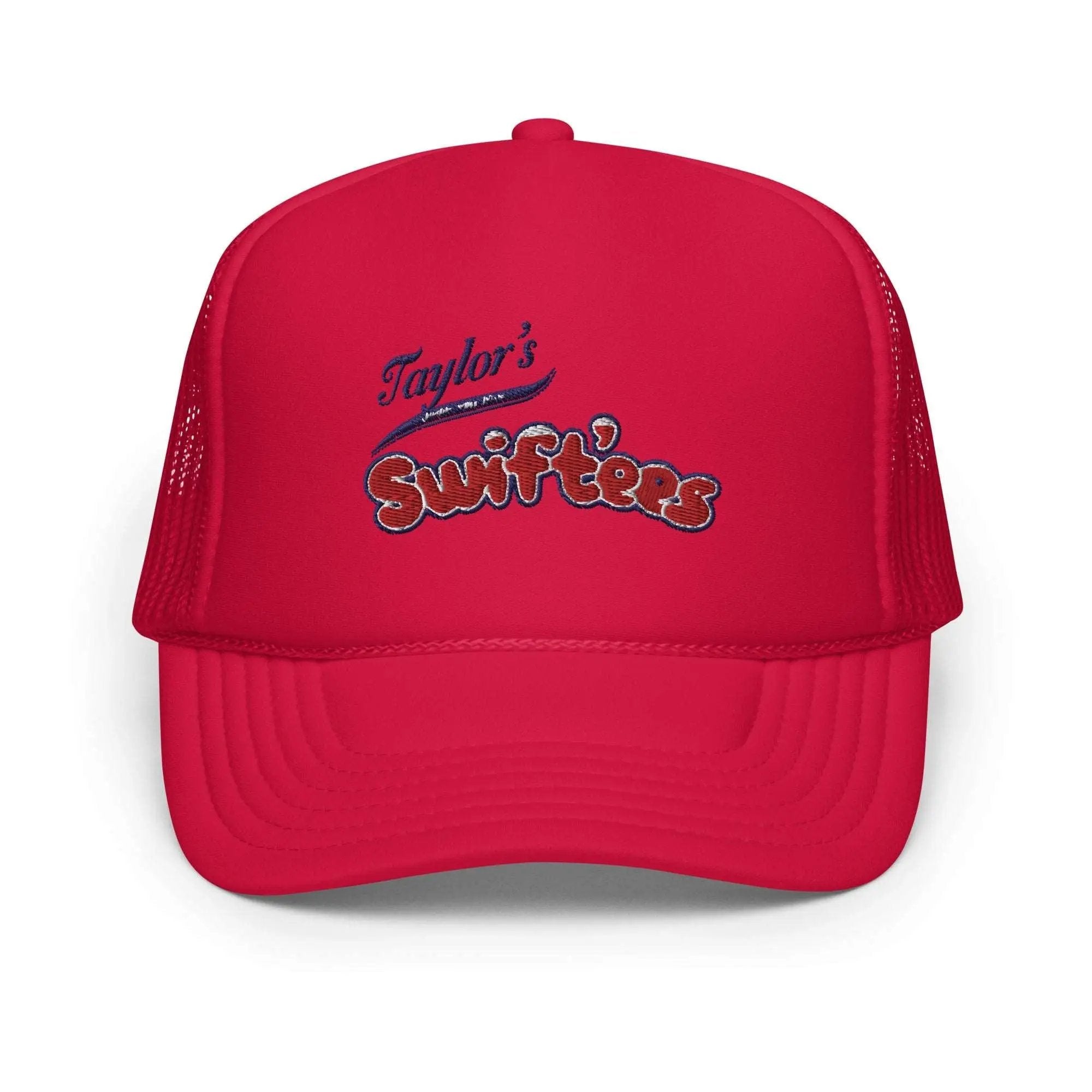a red trucker hat with the words taylor's sunrises on it