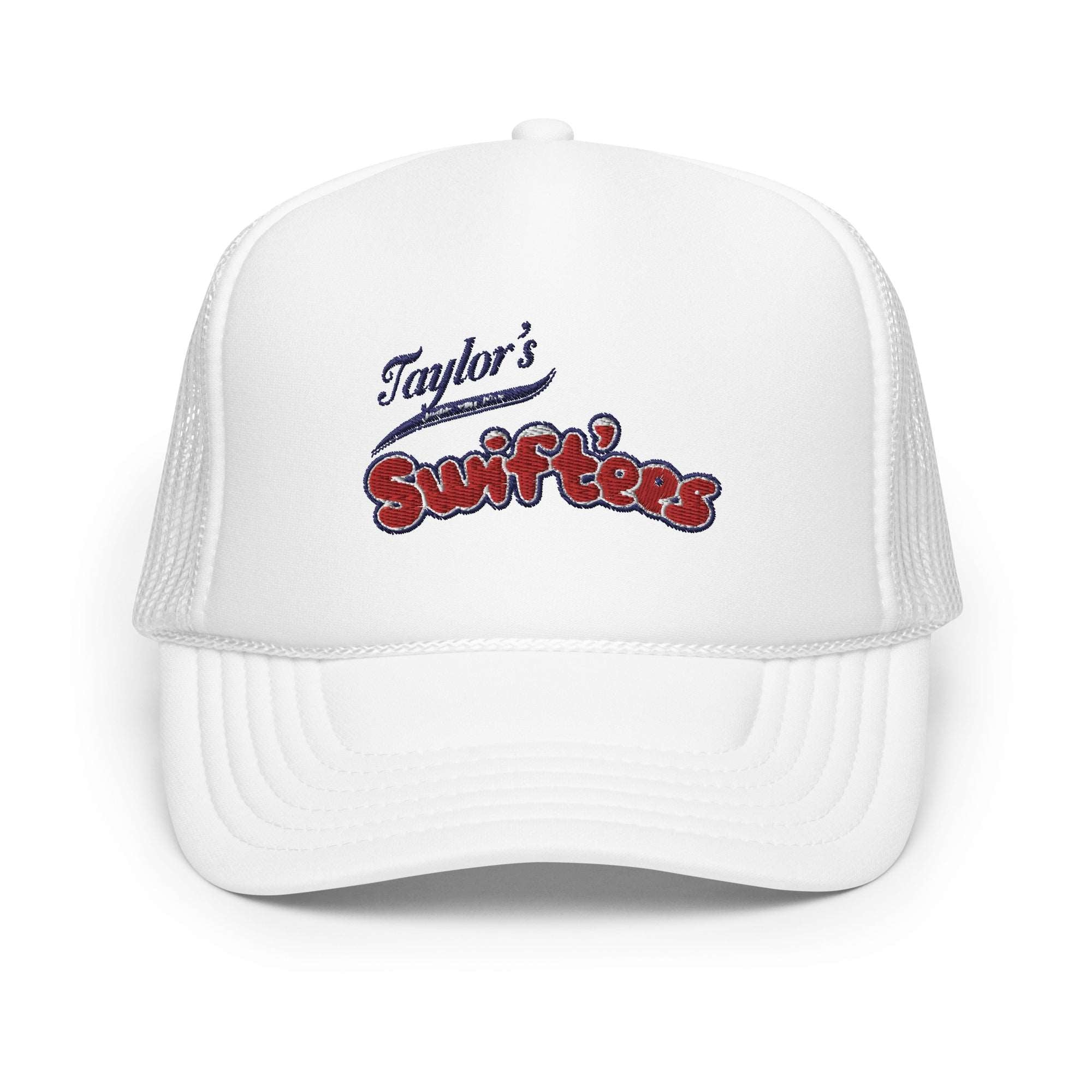 a white trucker hat with the words taylor's surffries on it