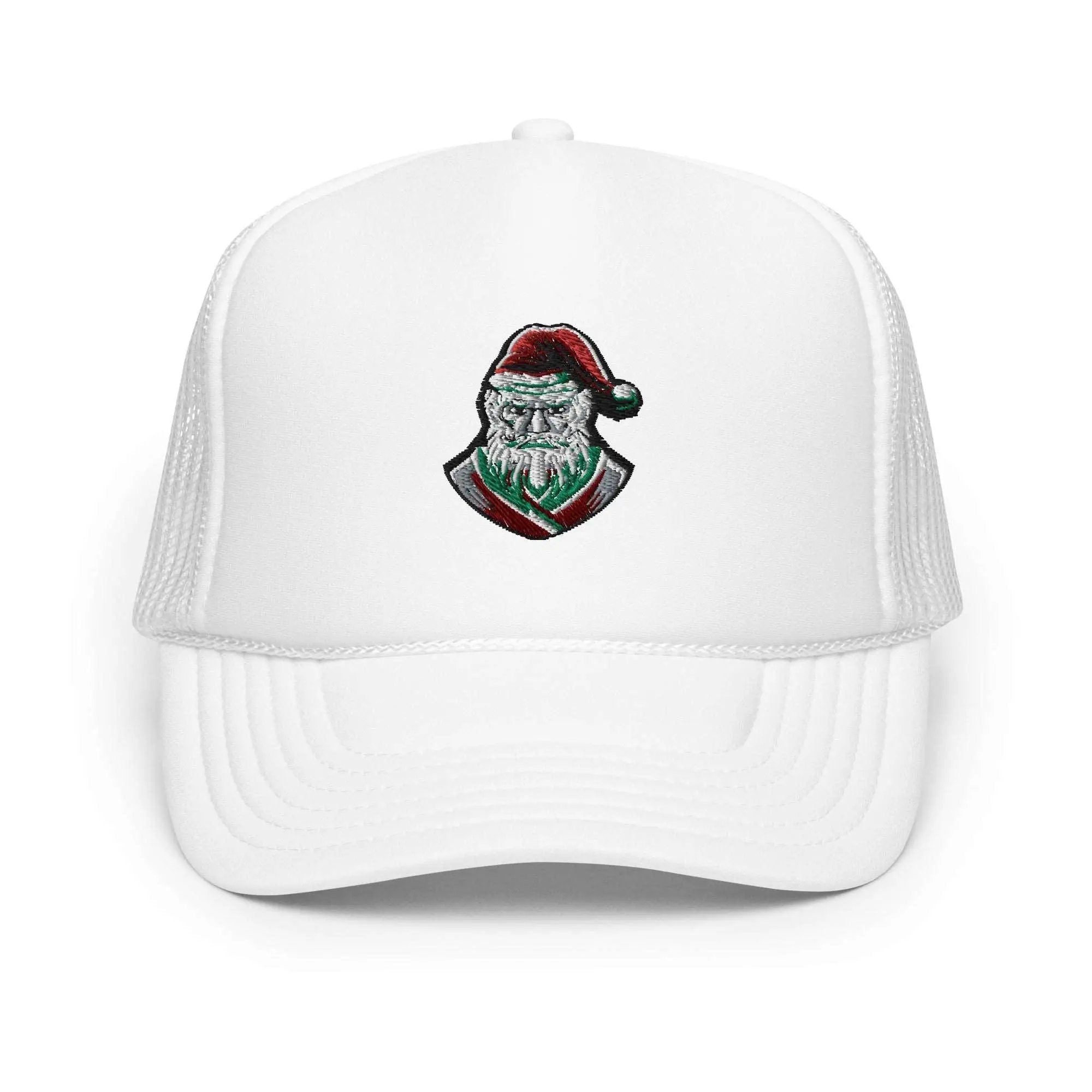 a white trucker hat with a santa clause on it