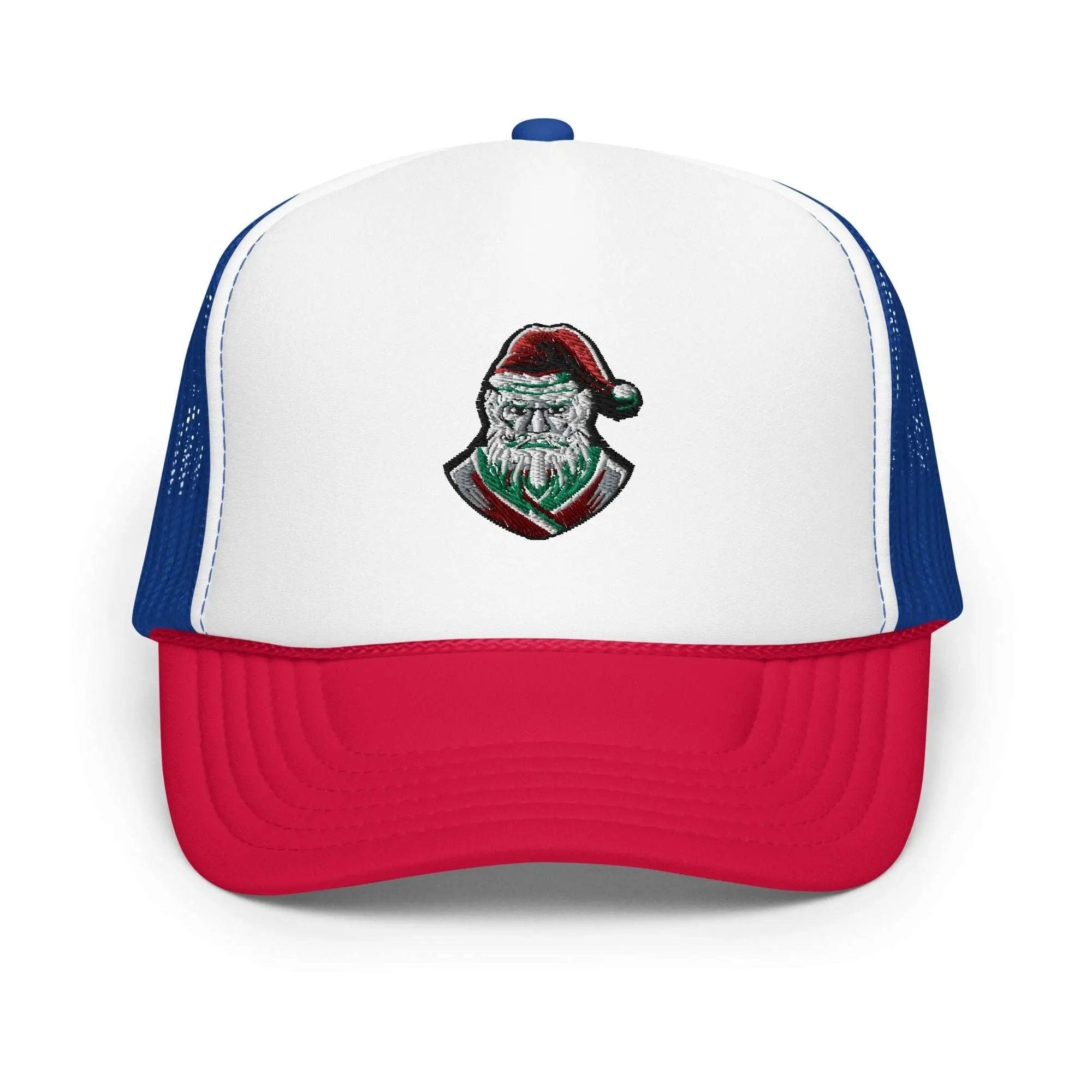 a white and red hat with a santa clause on it