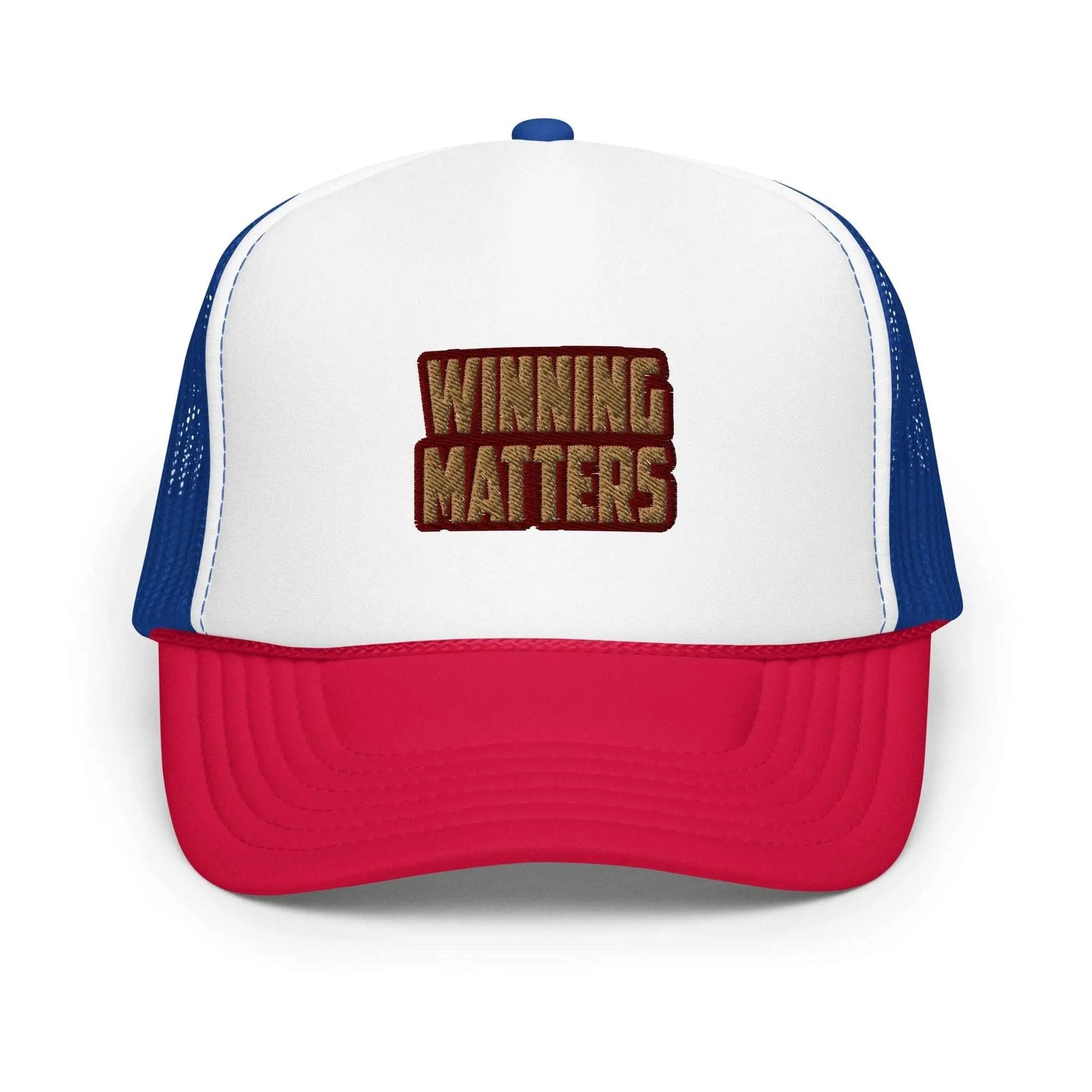 a red and white trucker hat with the words winning matters on it