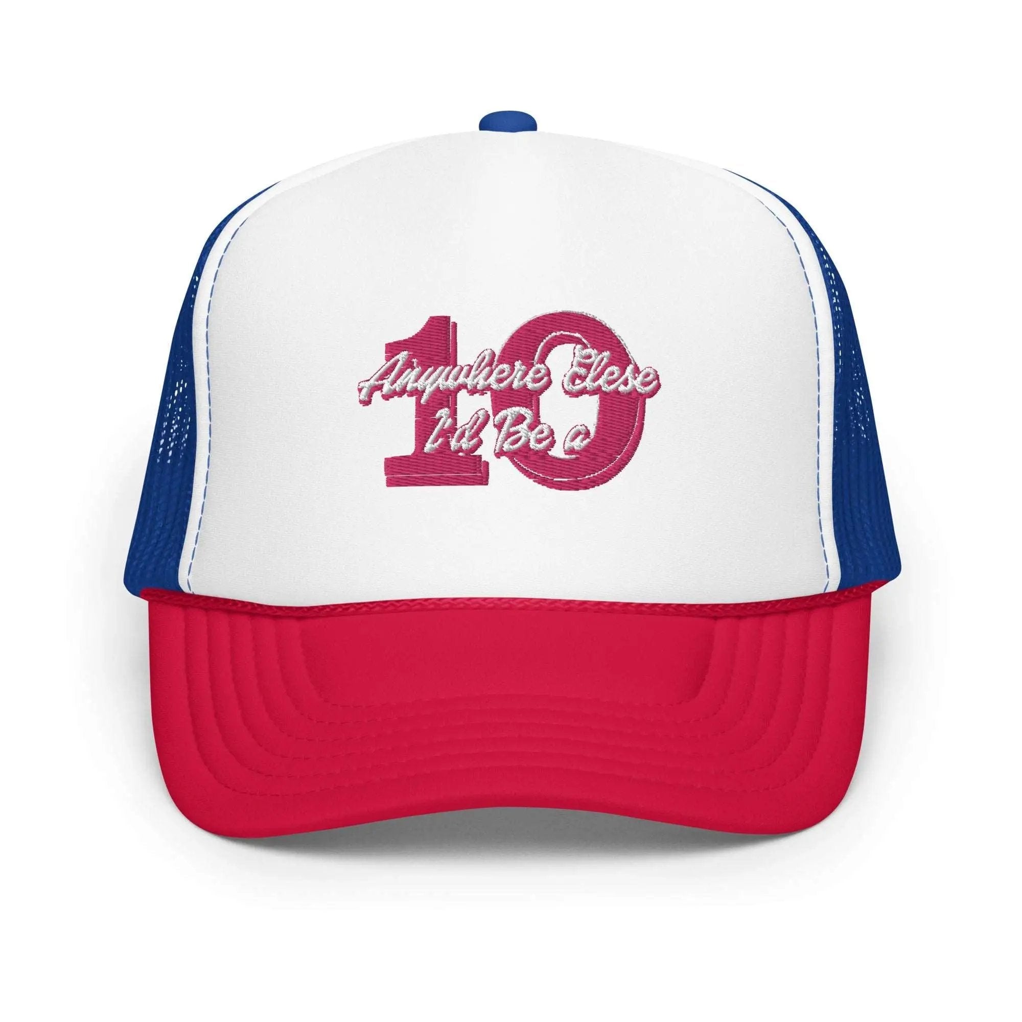 a red and white trucker hat with the number one on it
