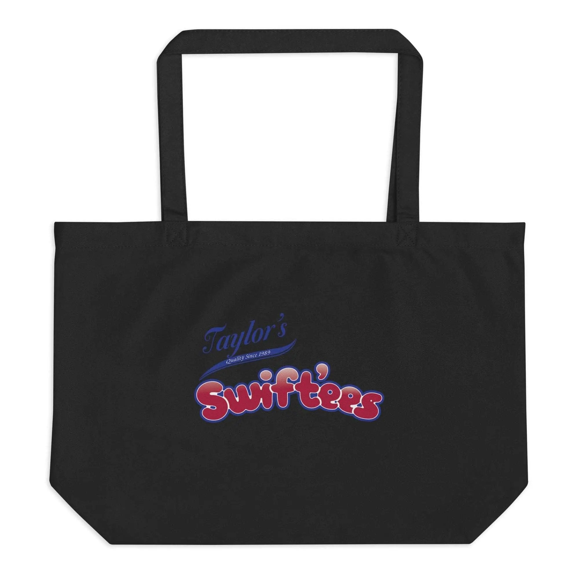 a black tote bag with the word taylor's swifties on it