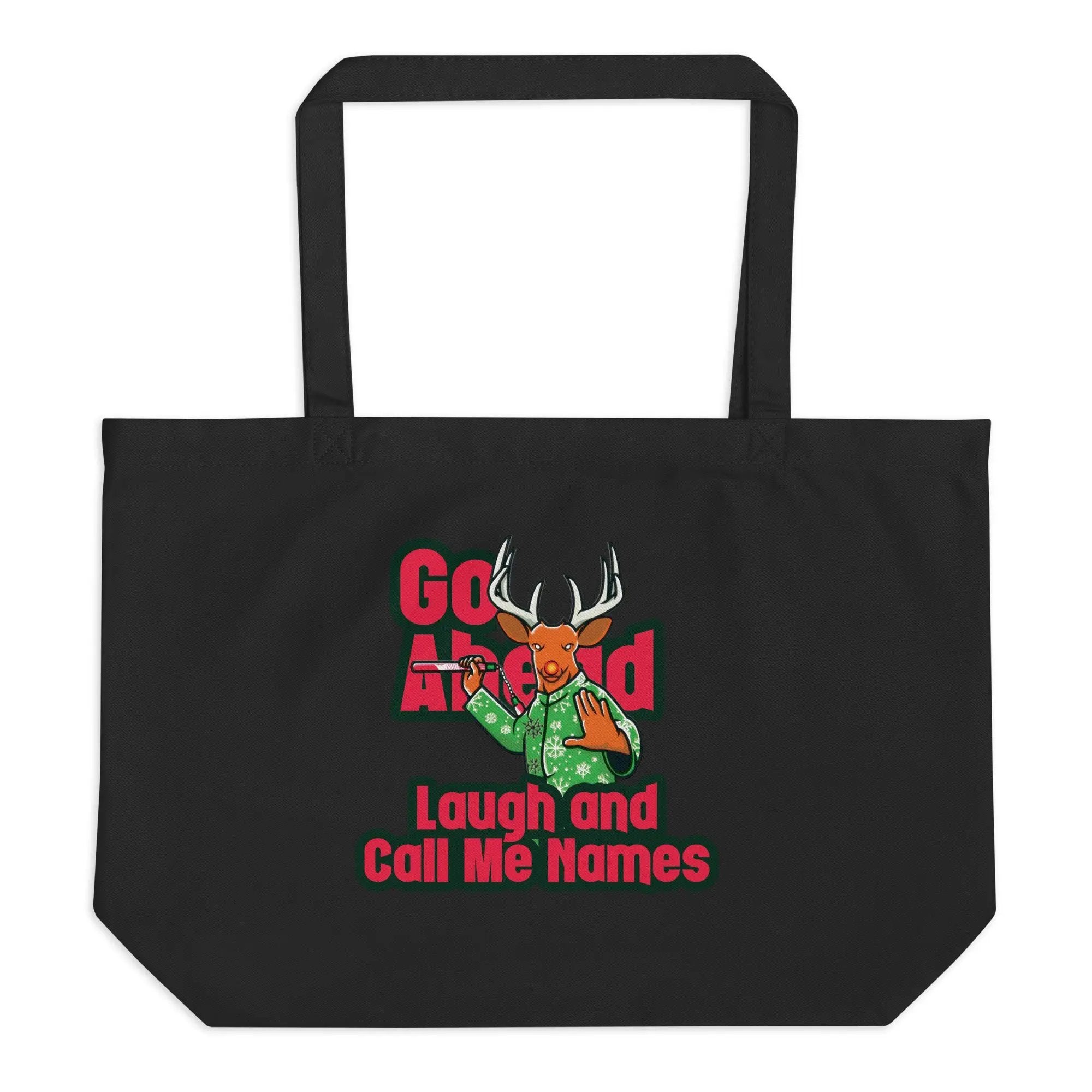 a black tote bag with an image of a deer