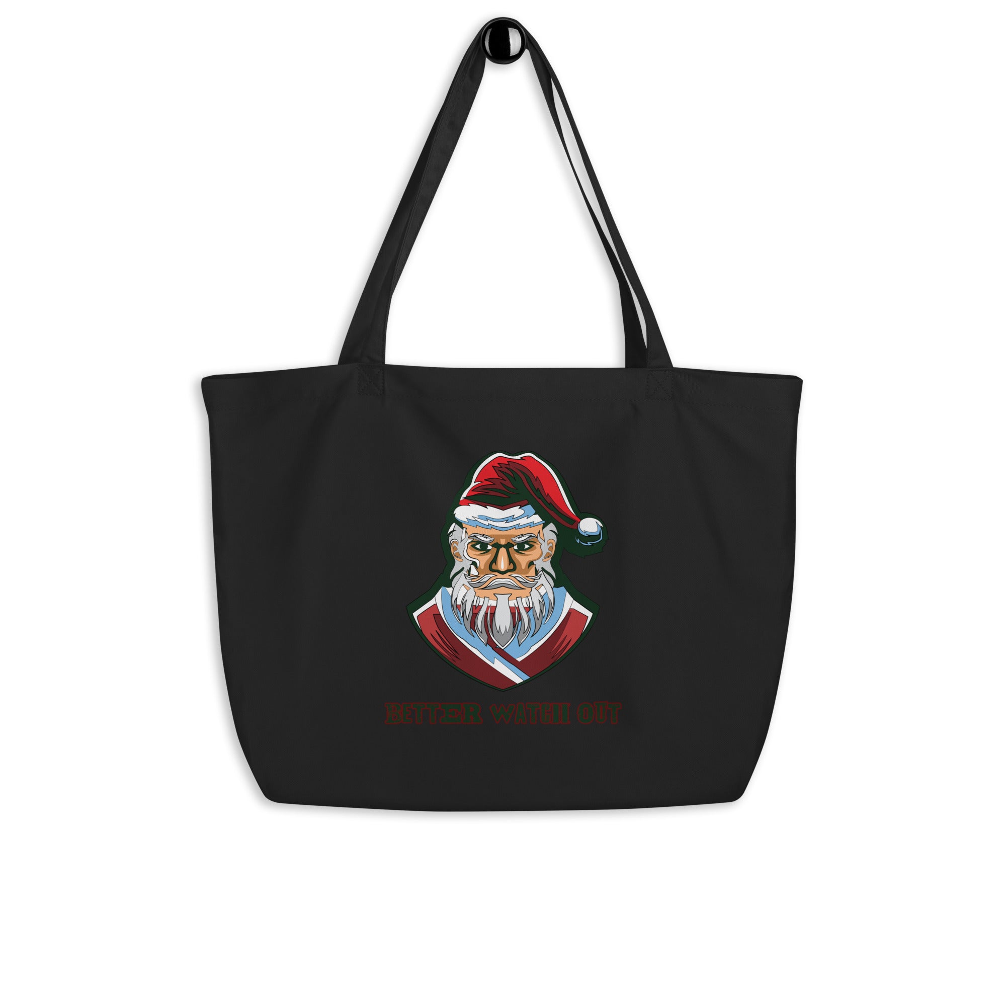 a black tote bag with a picture of a cat wearing a santa hat