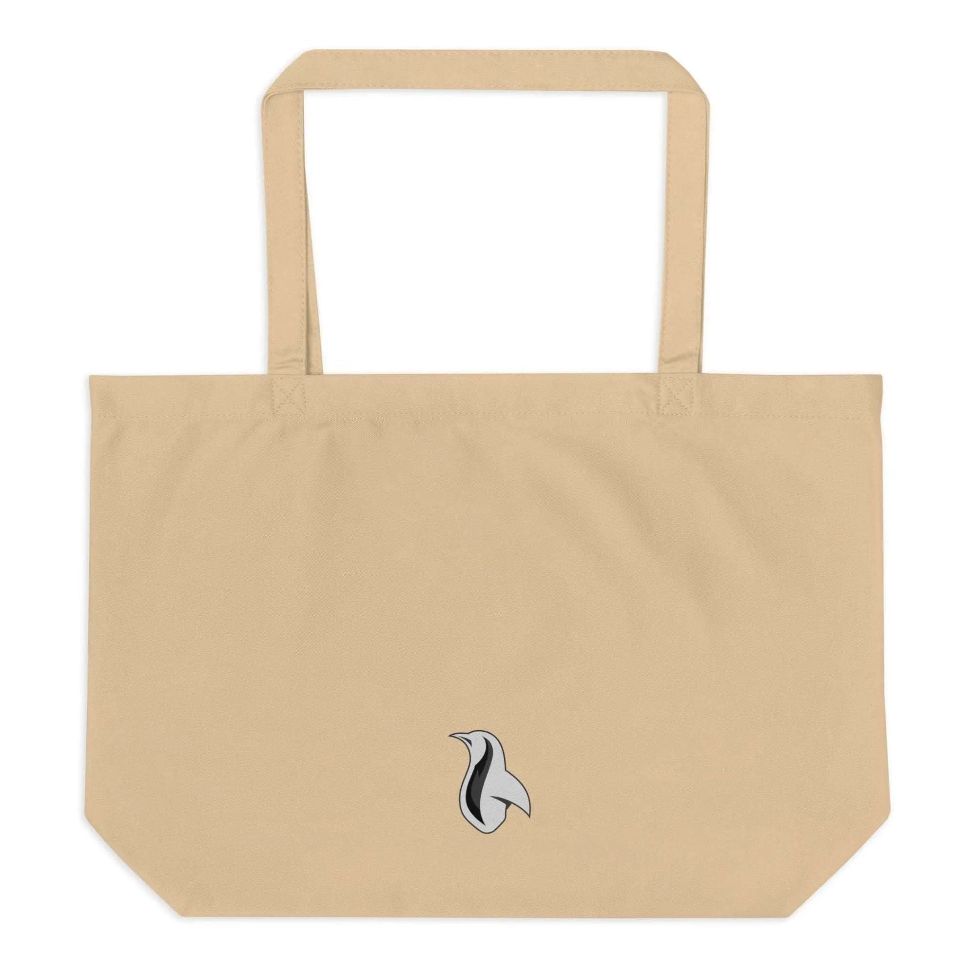a beige tote bag with a black and white logo