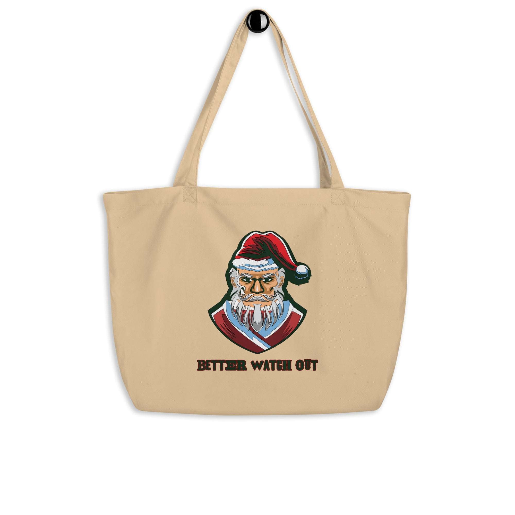 a tote bag with a santa clause on it