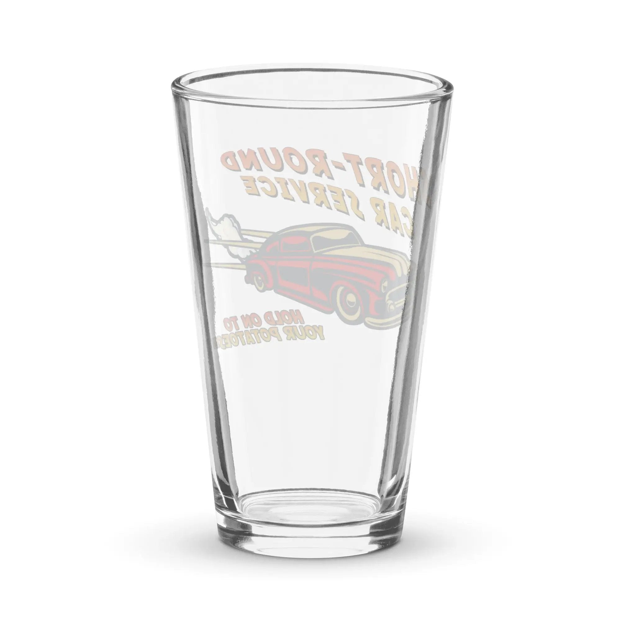 a shot glass with a car service logo on it
