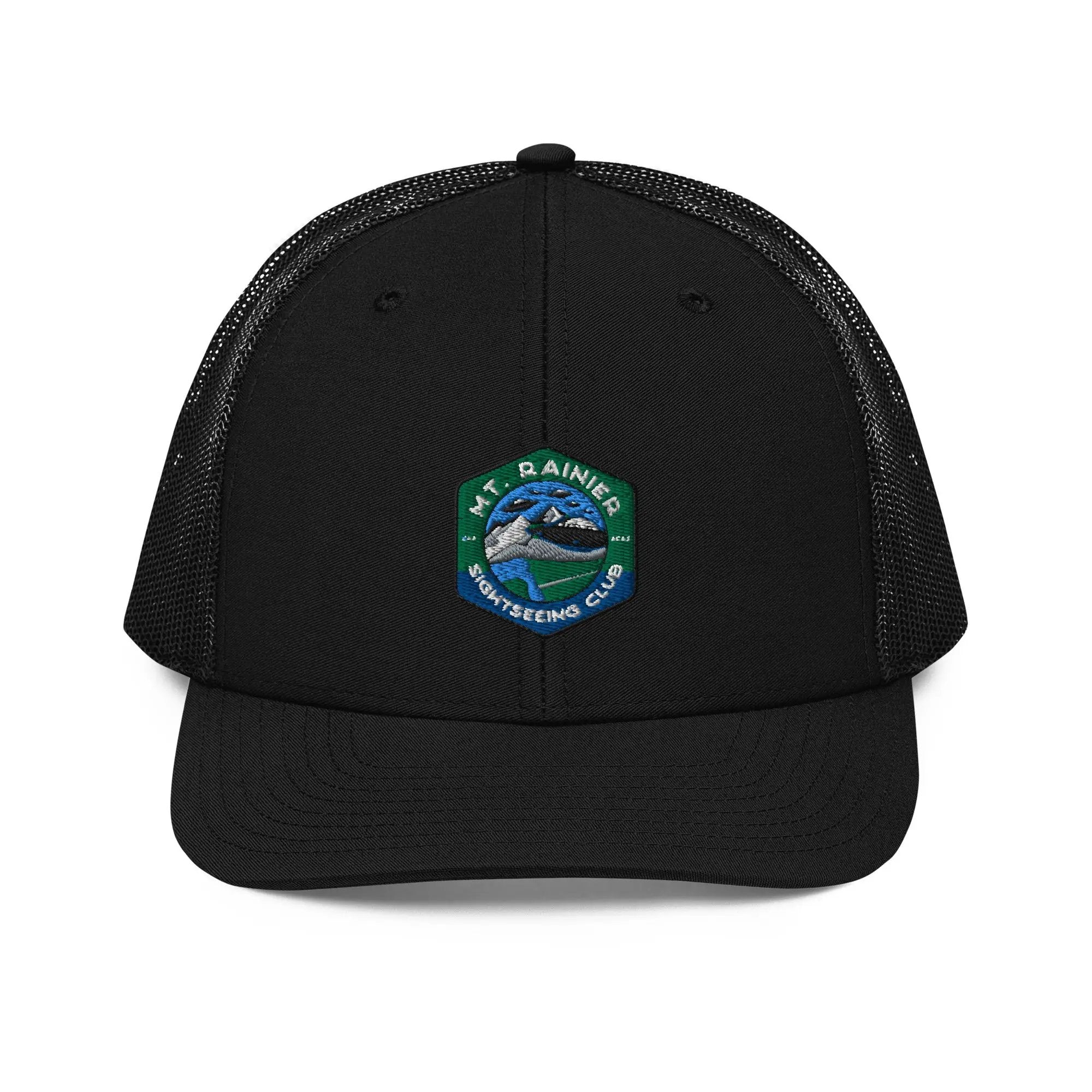 a black trucker hat with a green and blue logo