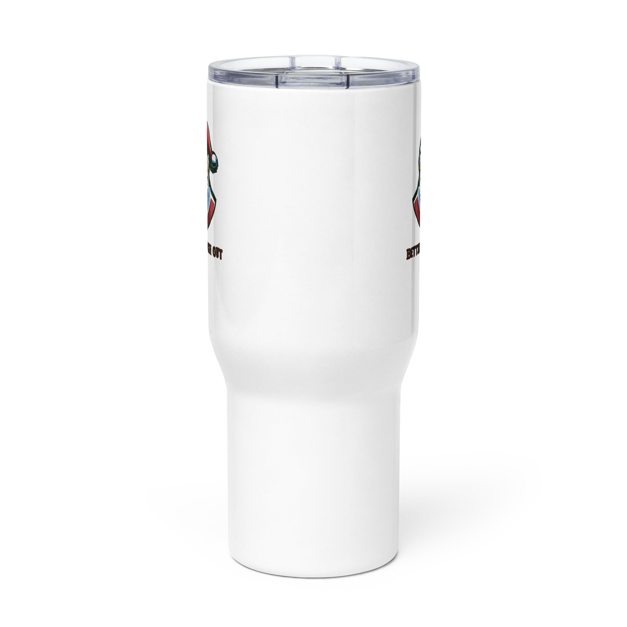 a white tumbler cup with a red, white, and blue design on it
