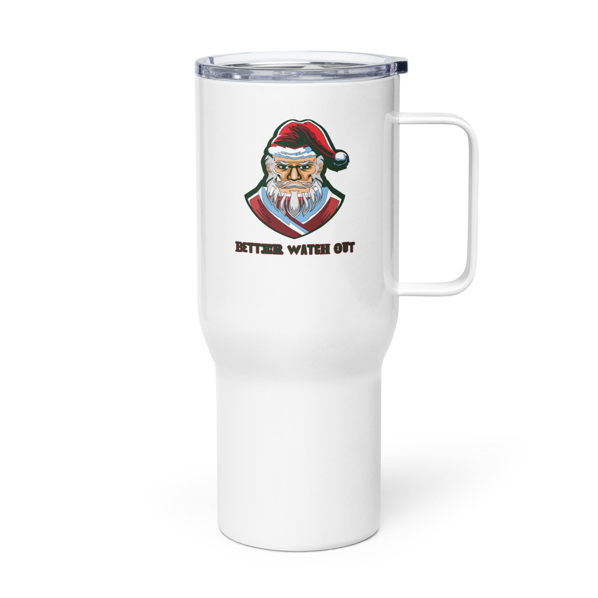 a white travel mug with a picture of a cat wearing a santa hat