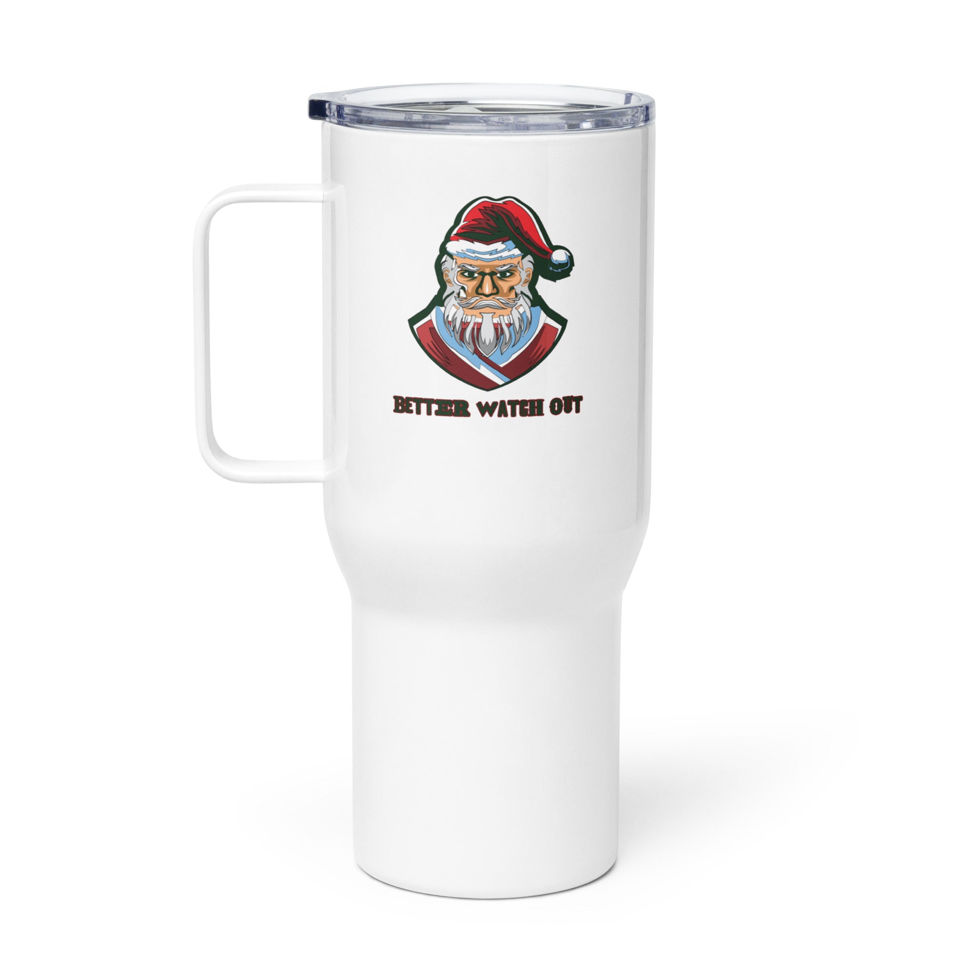 a white travel mug with a santa clause on it