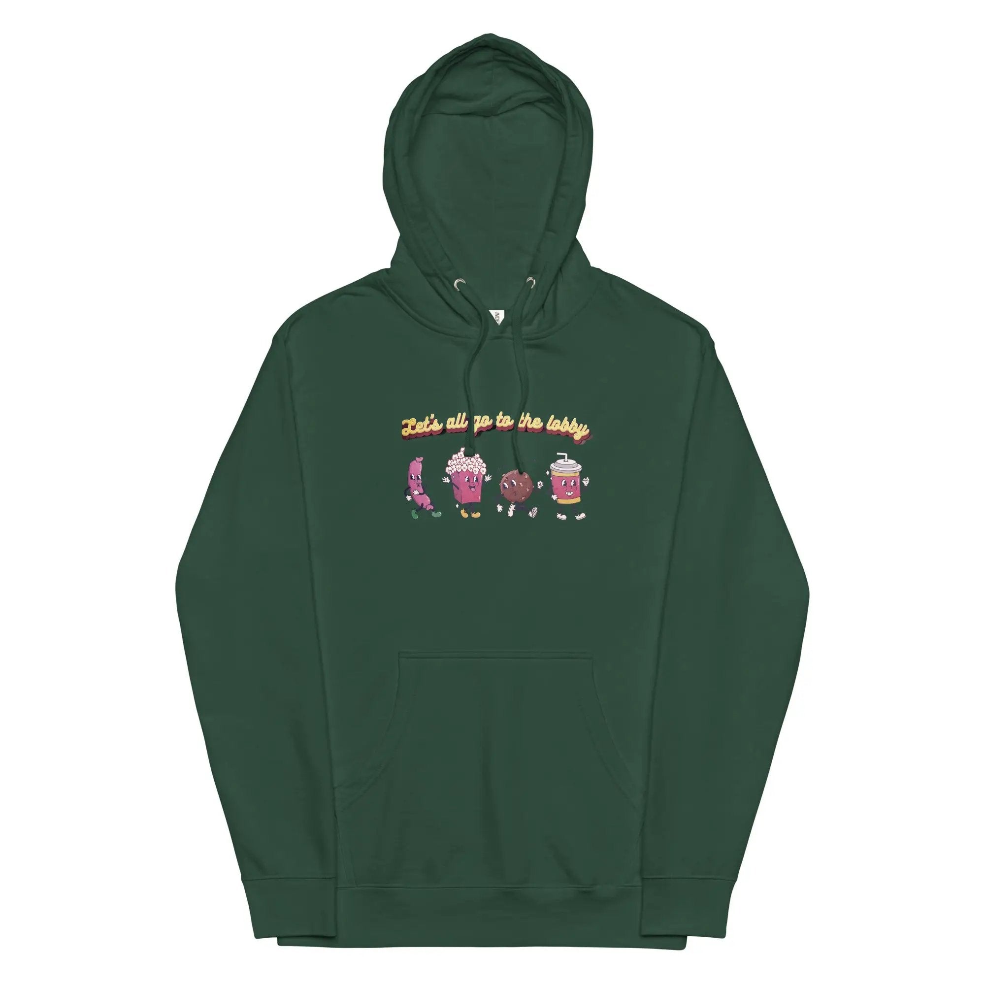 a green hoodie with three cartoon characters on it