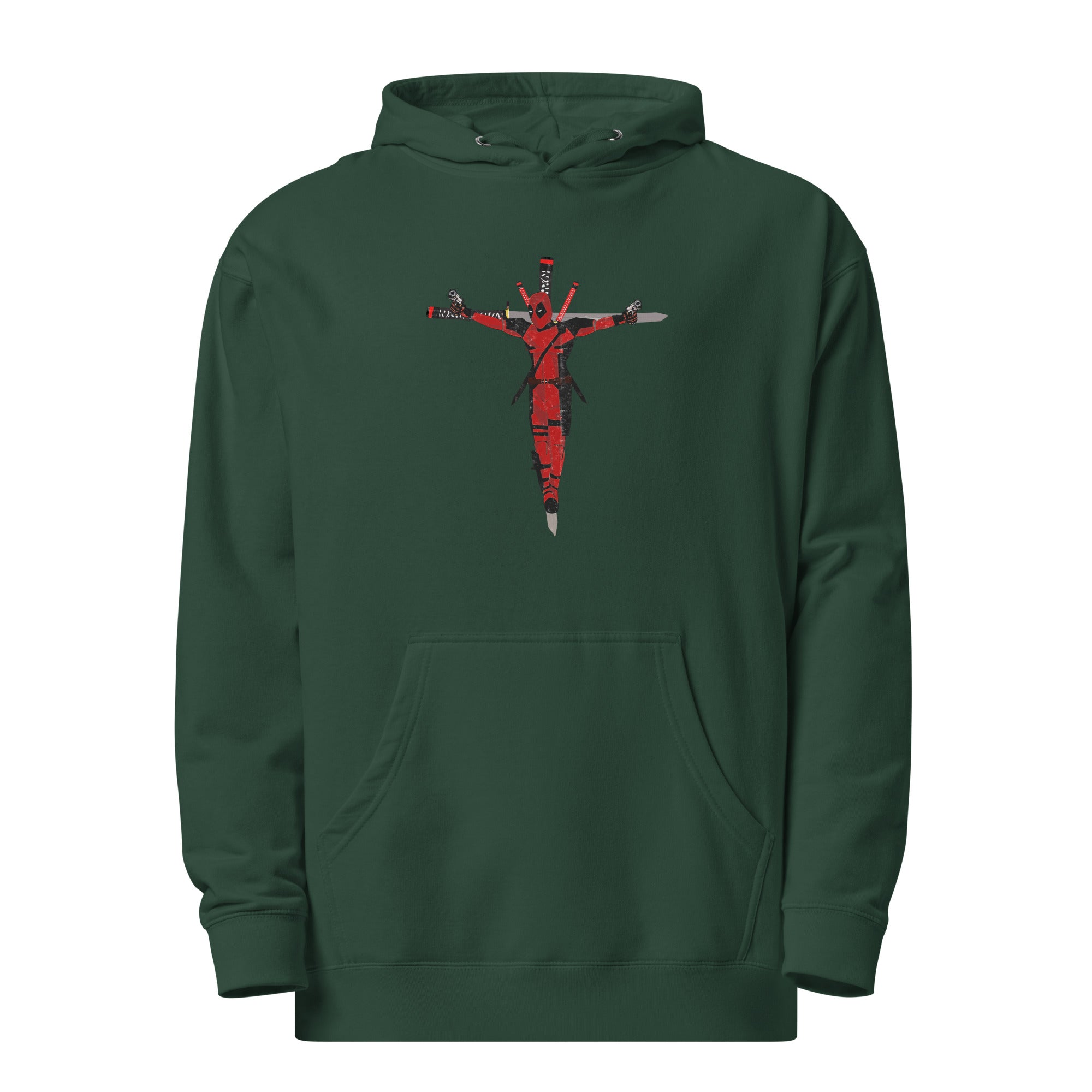 a green hoodie with a red cross on it