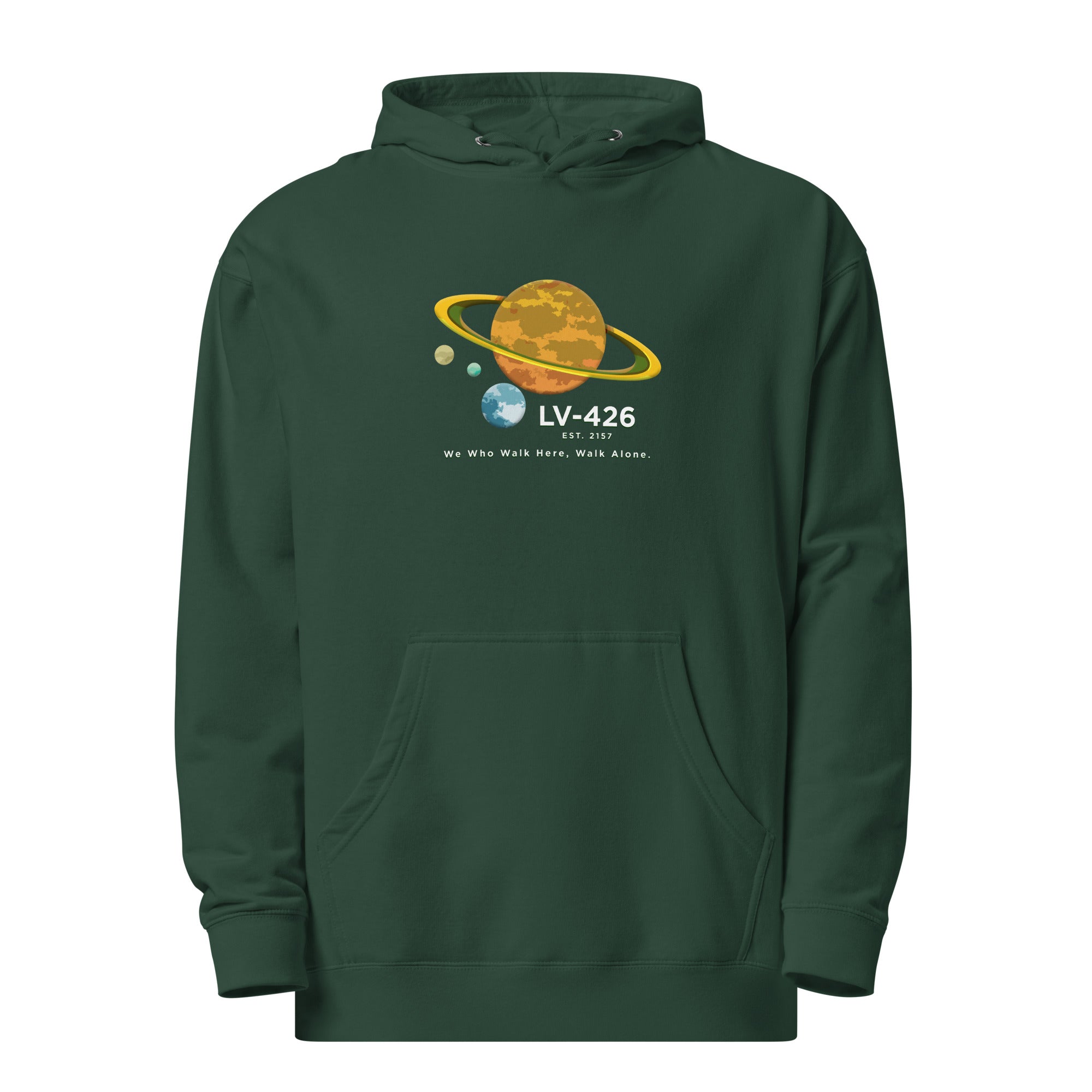 a green hoodie with an image of the solar system