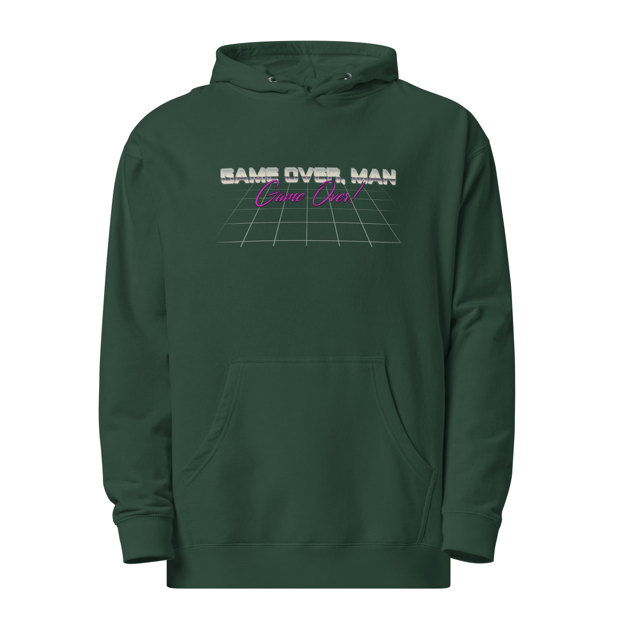a green hoodie with the words same over man on it