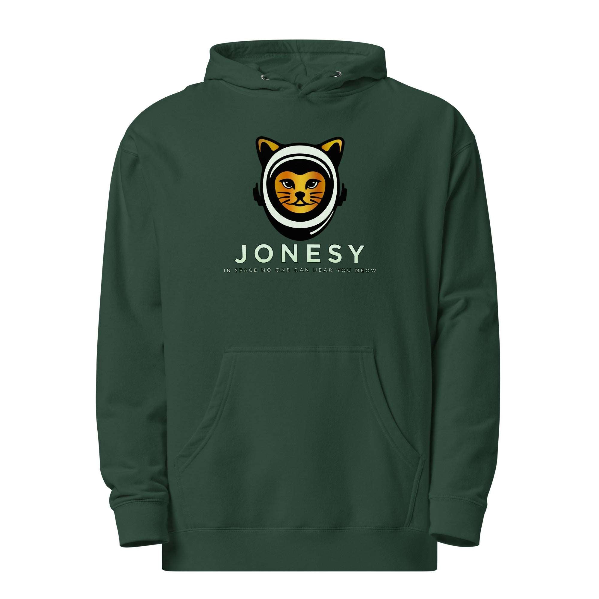 a green hoodie with the word jonesy printed on it