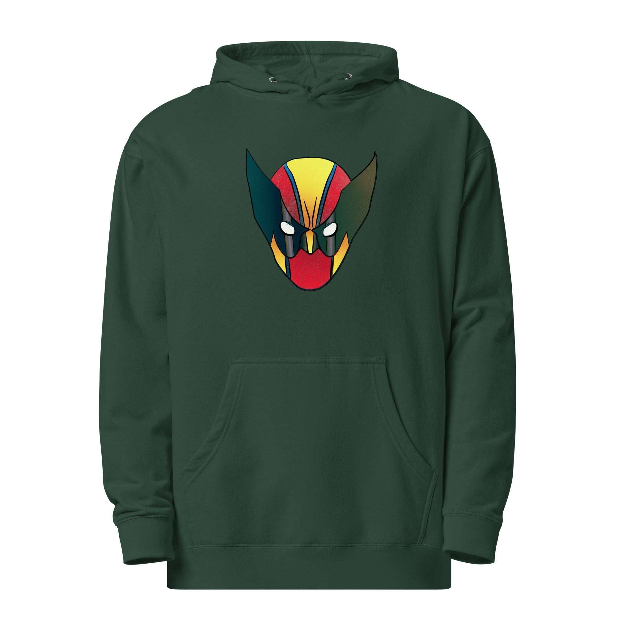 a green hoodie with an image of a demon's head