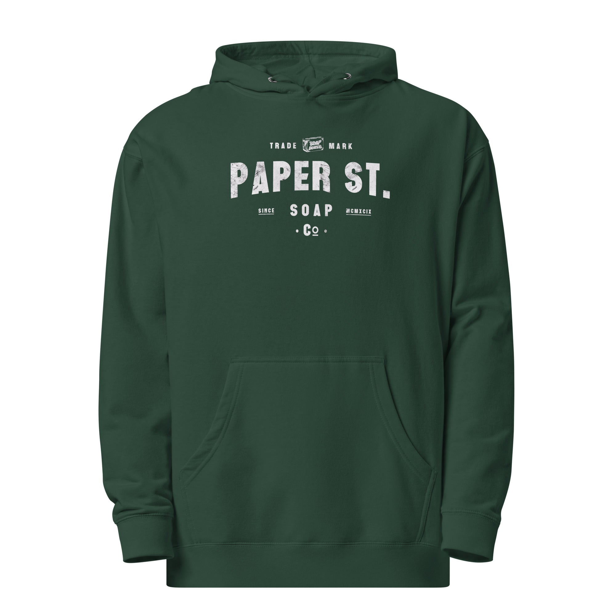 a green hoodie with the words paper st on it