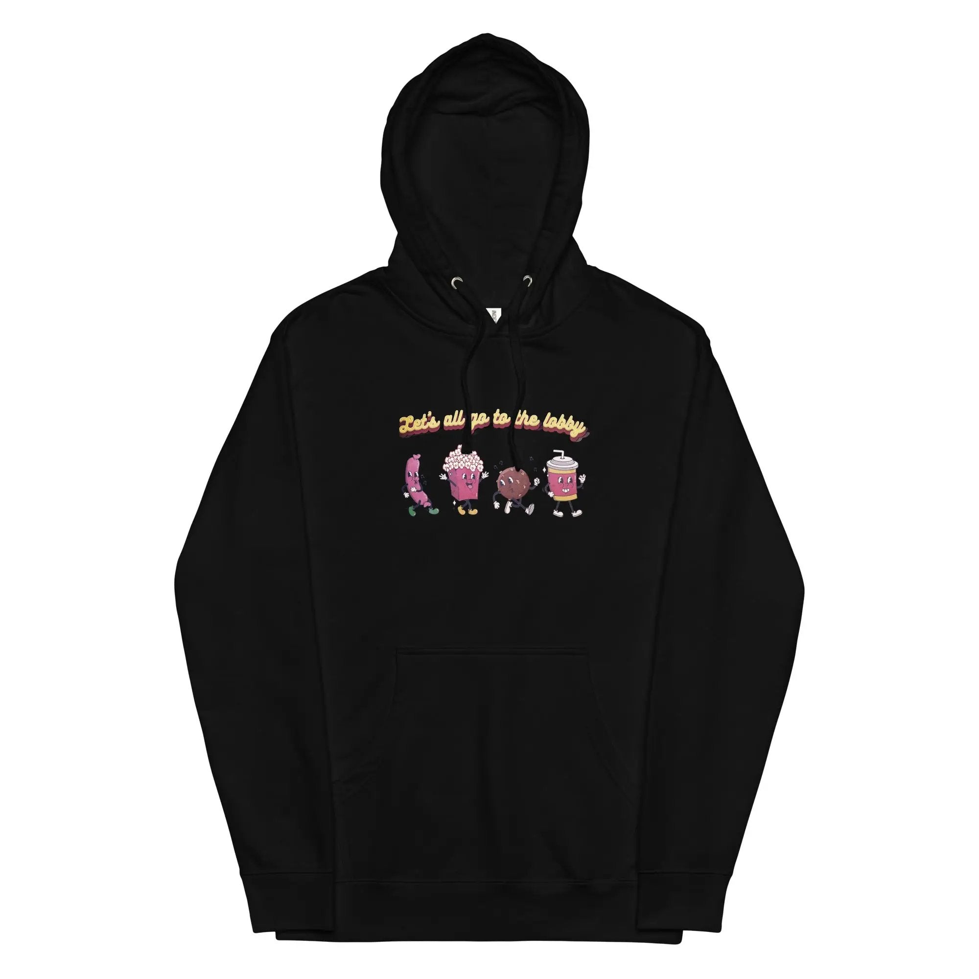 a black hoodie with three cartoon characters on it