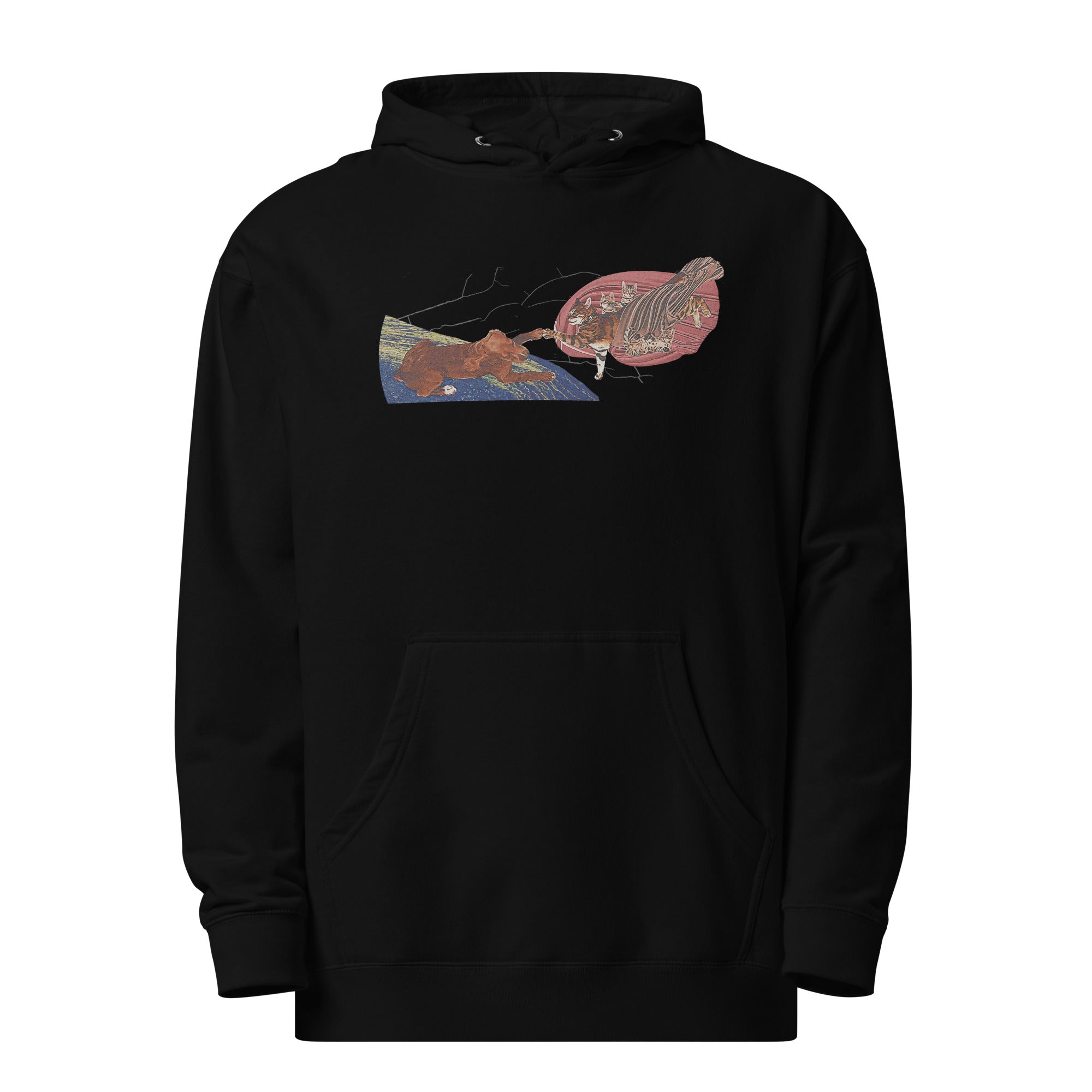 a black hoodie with a picture of a fish on it