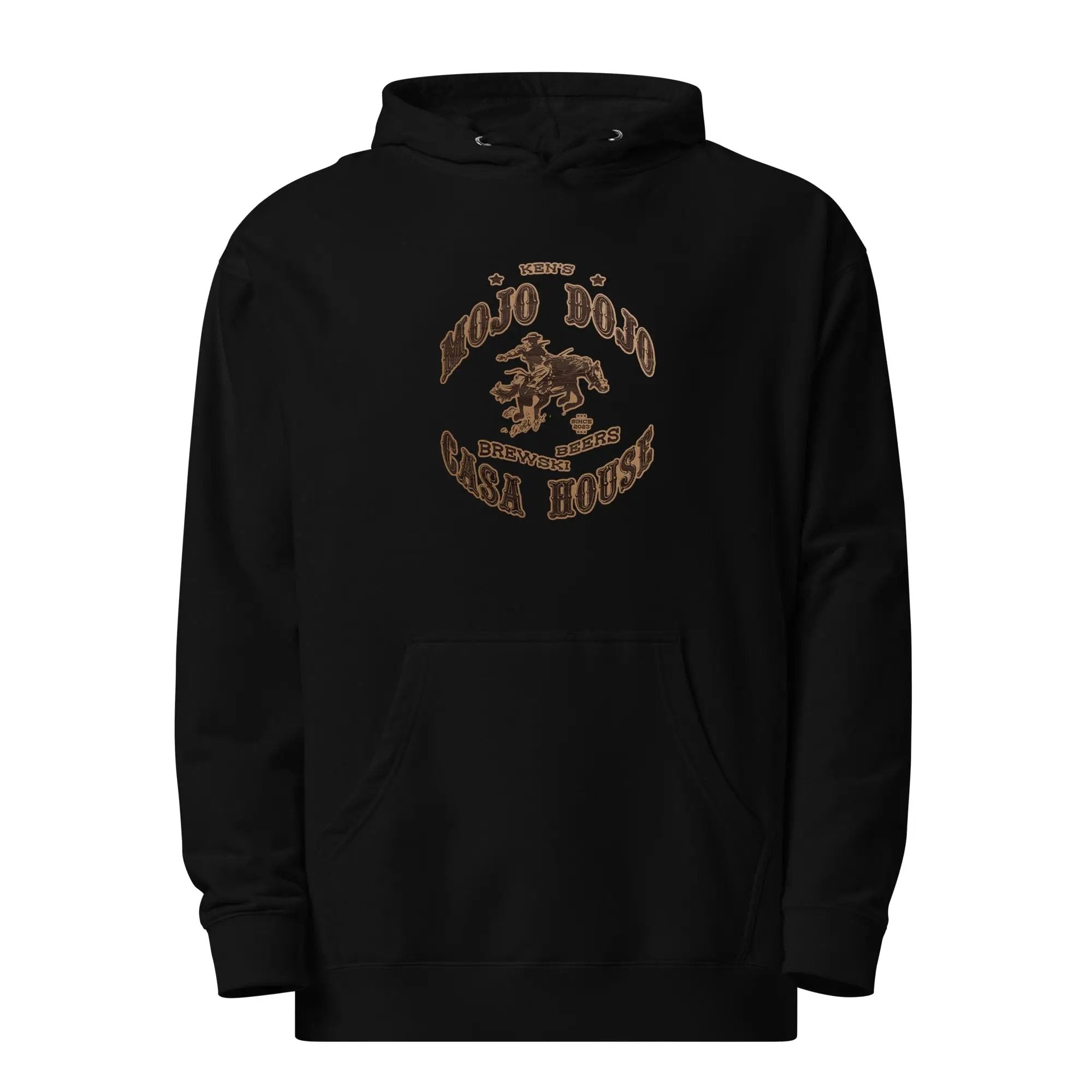 a black hoodie with an image of a horse on it