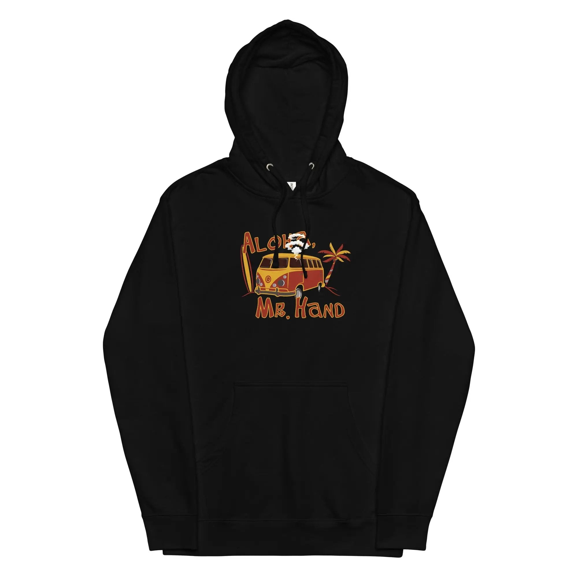 a black hoodie with an image of a van on it