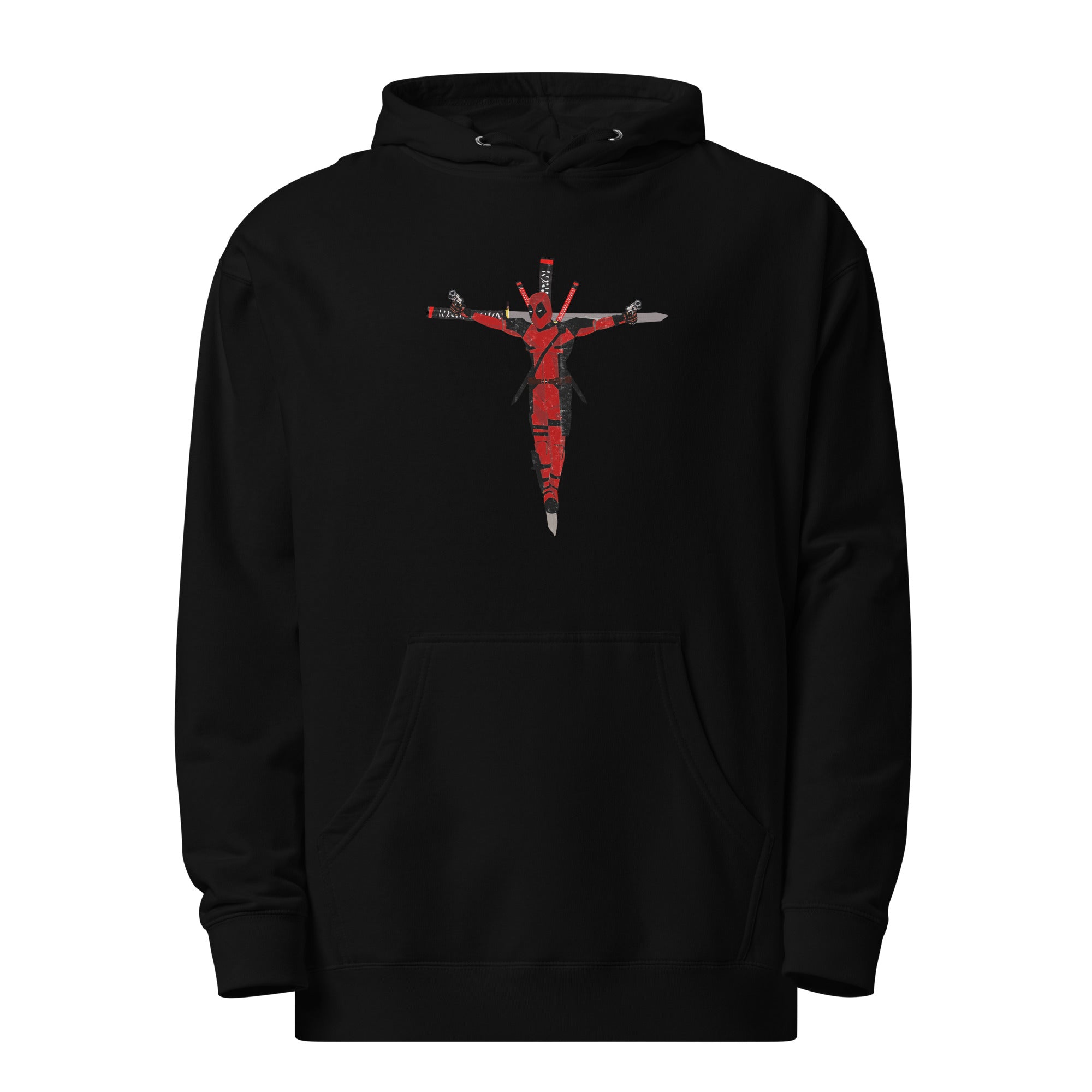 a black hoodie with a red cross on it