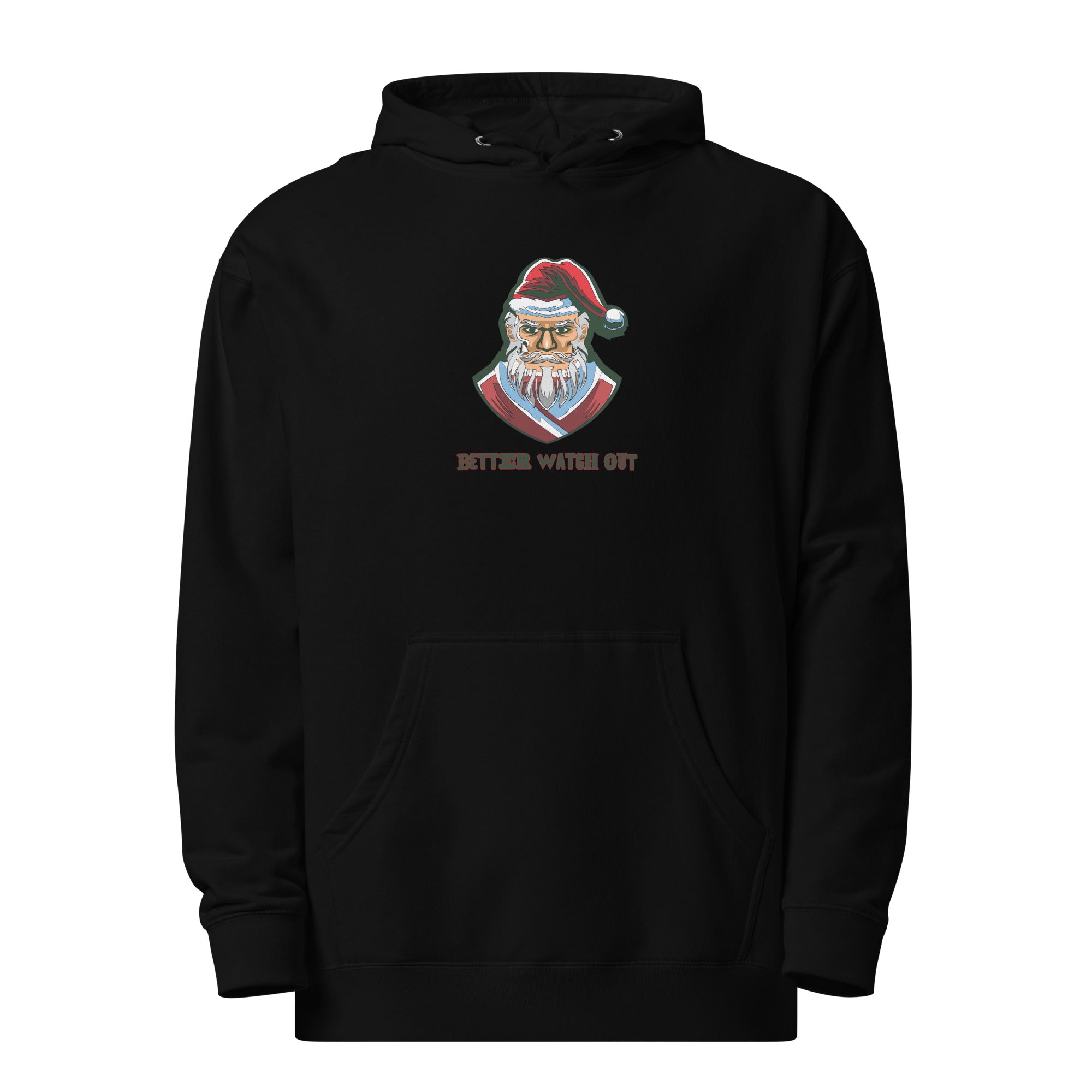 a black hoodie with a santa clause on it