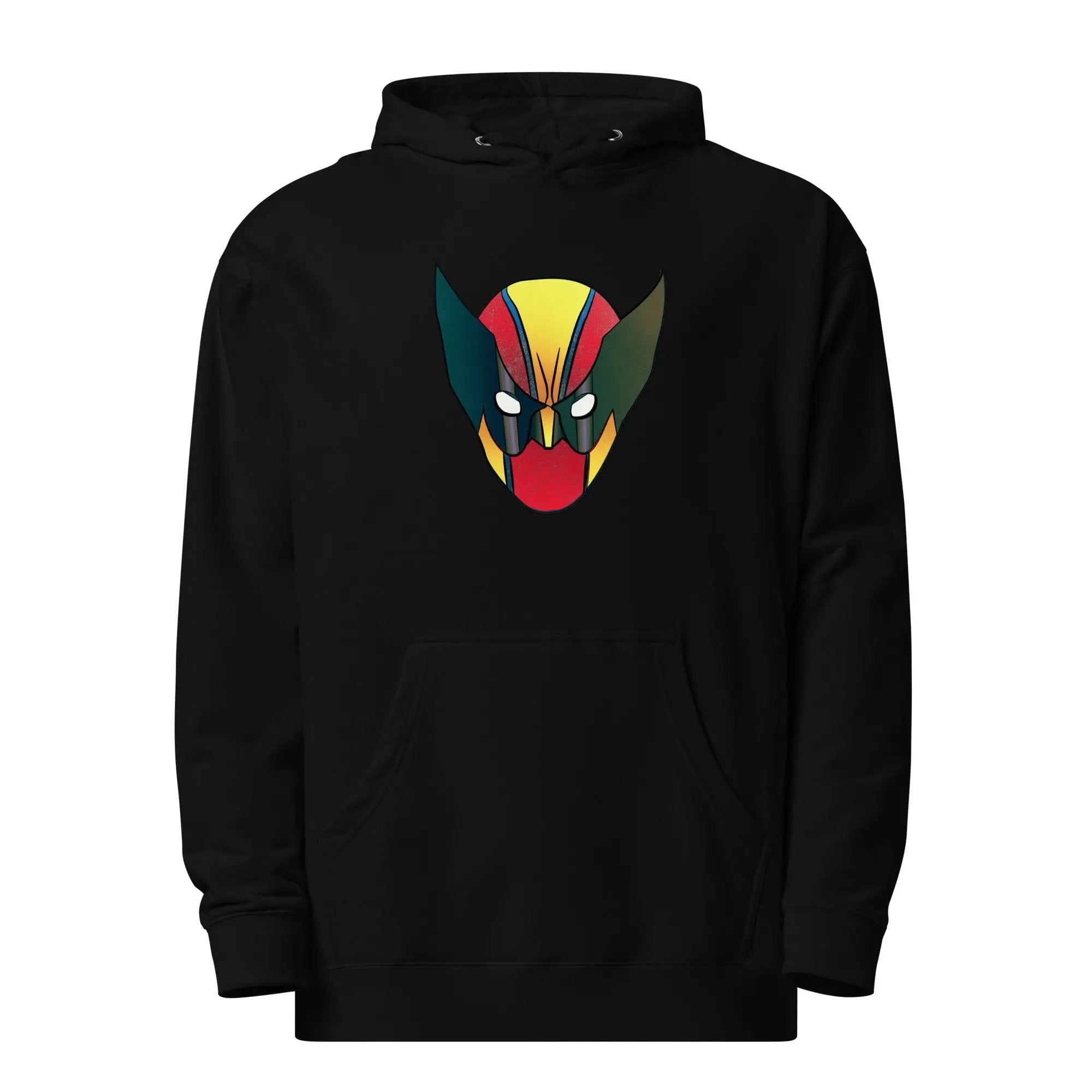 a black hoodie with a red, yellow, and green face