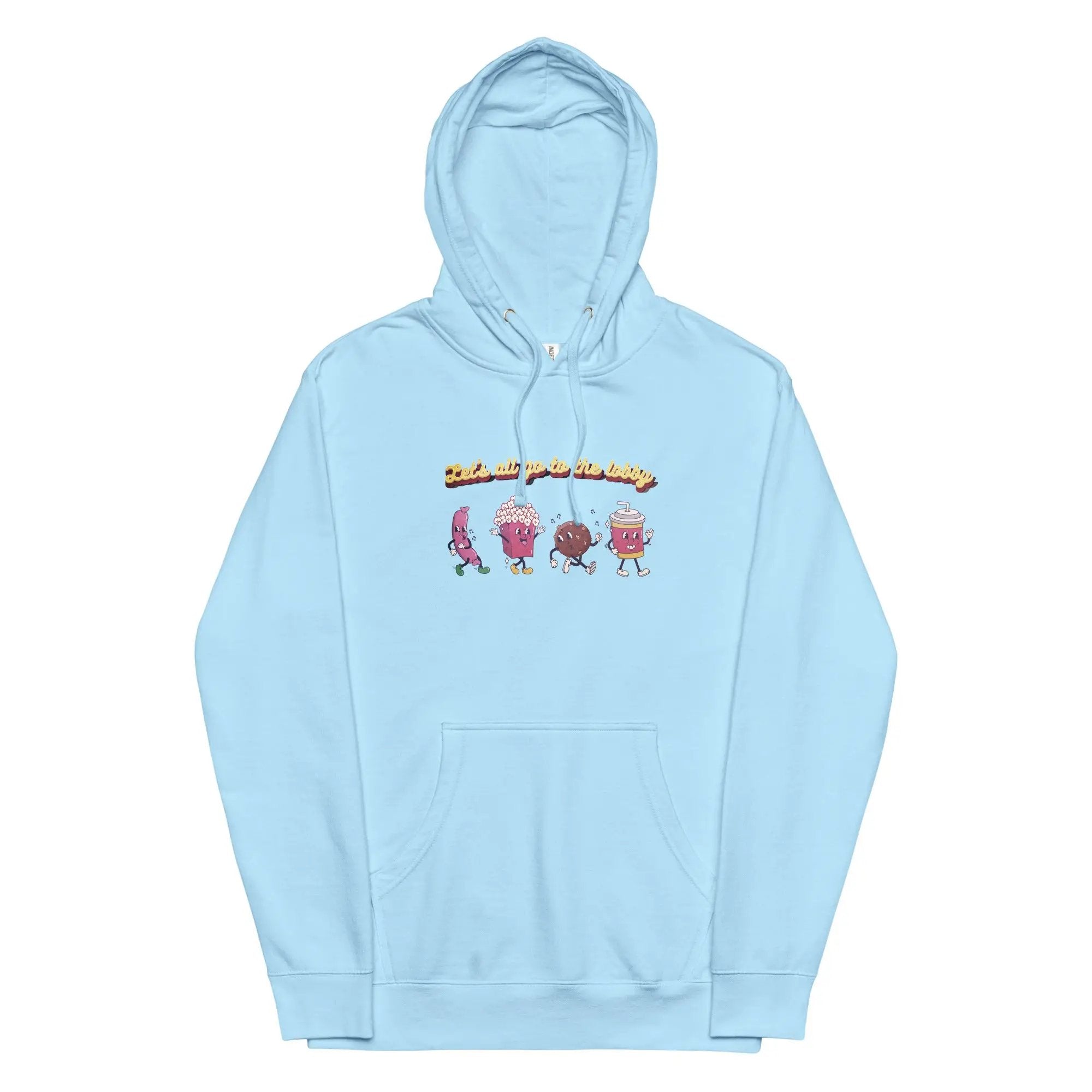 a light blue hoodie with three cartoon characters on it