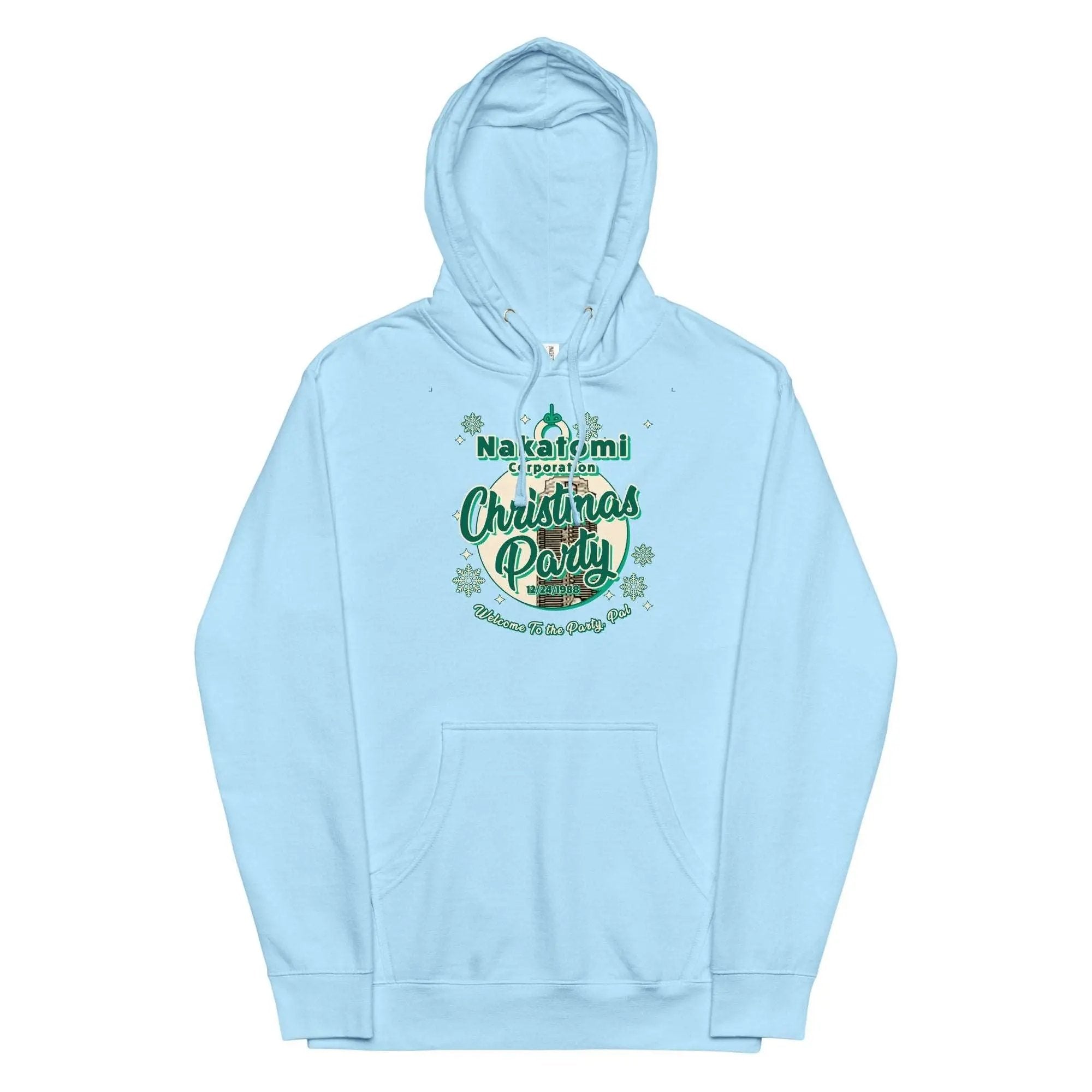 a light blue hoodie with the words christmas party on it