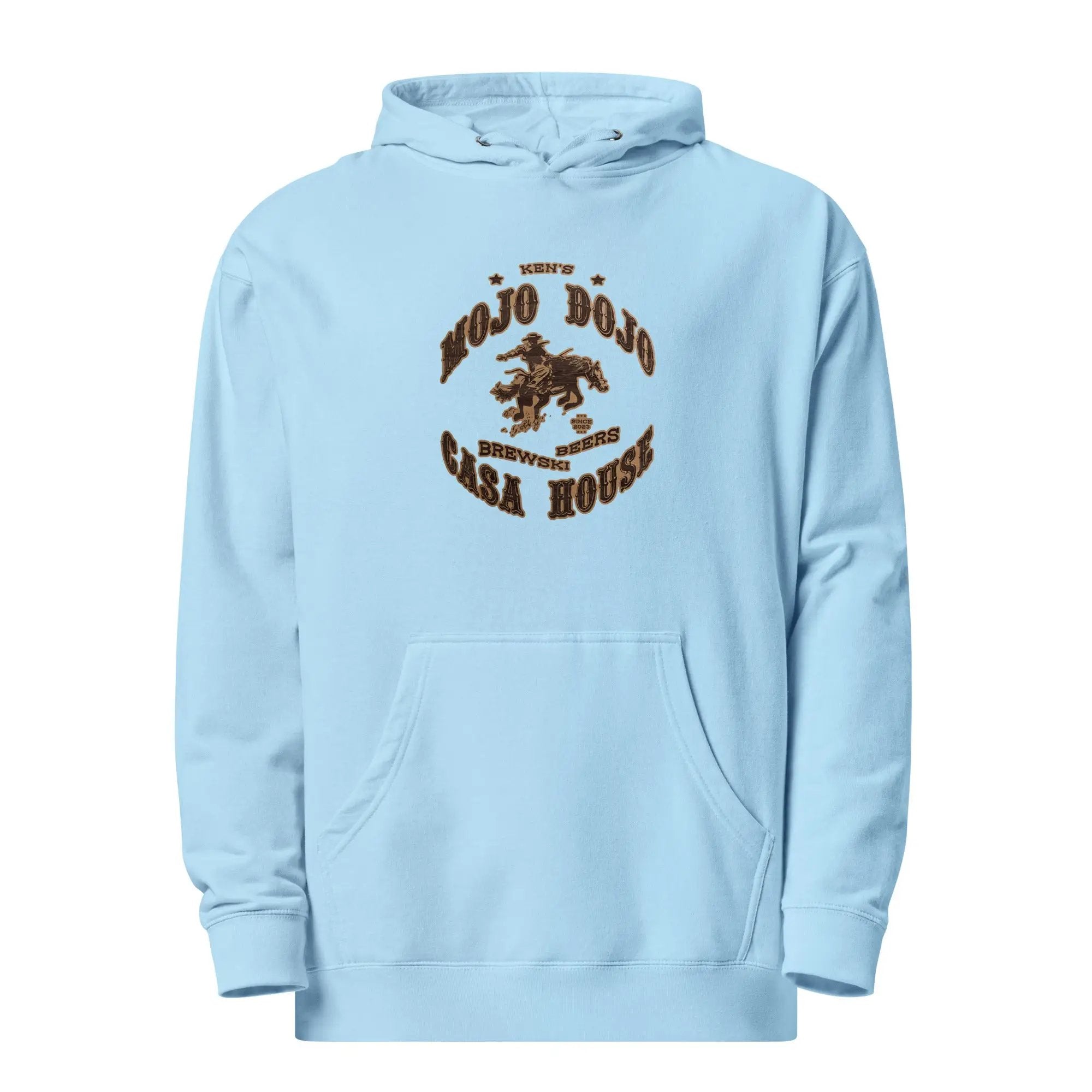 a light blue hoodie with a horse on it