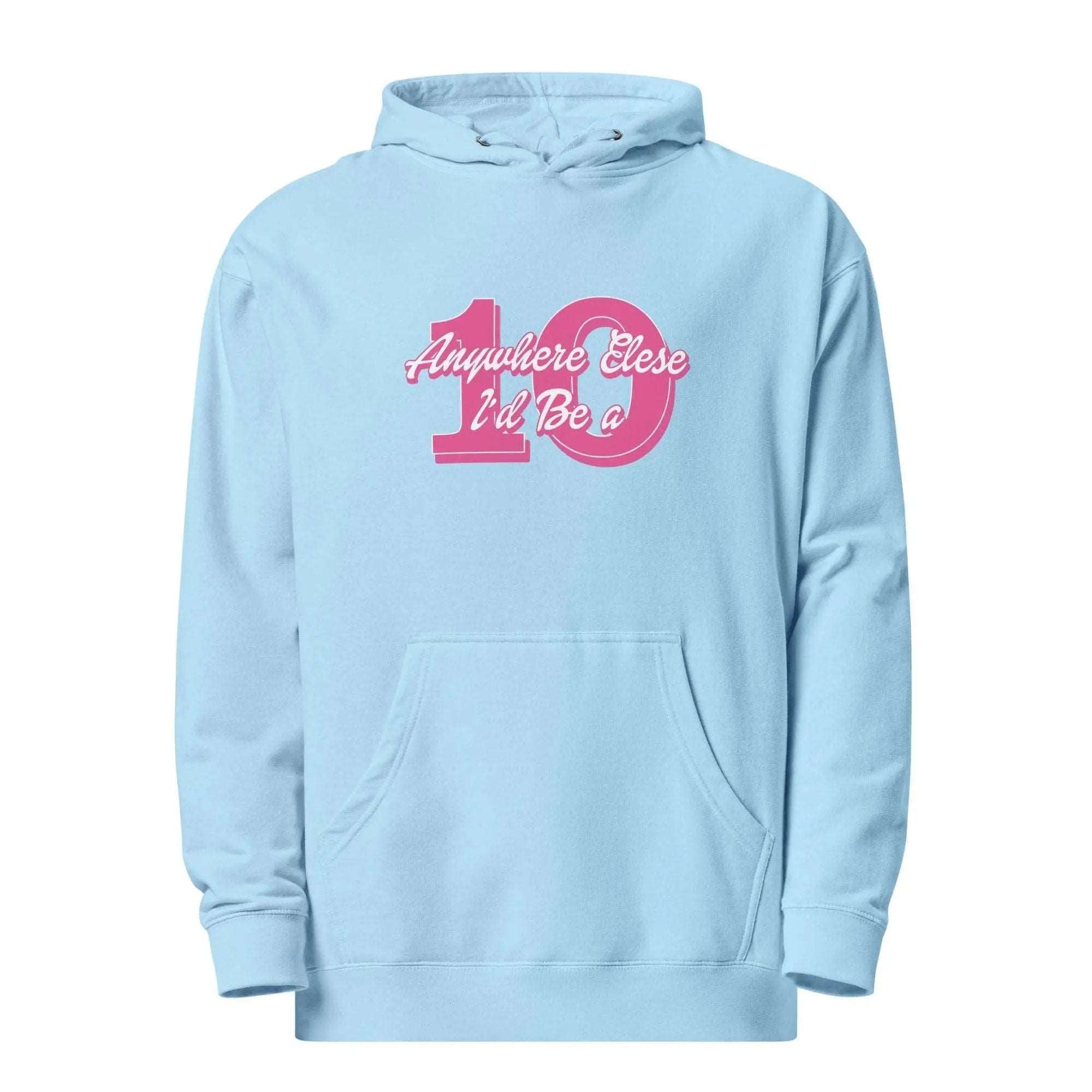 a light blue hoodie with the number one on it