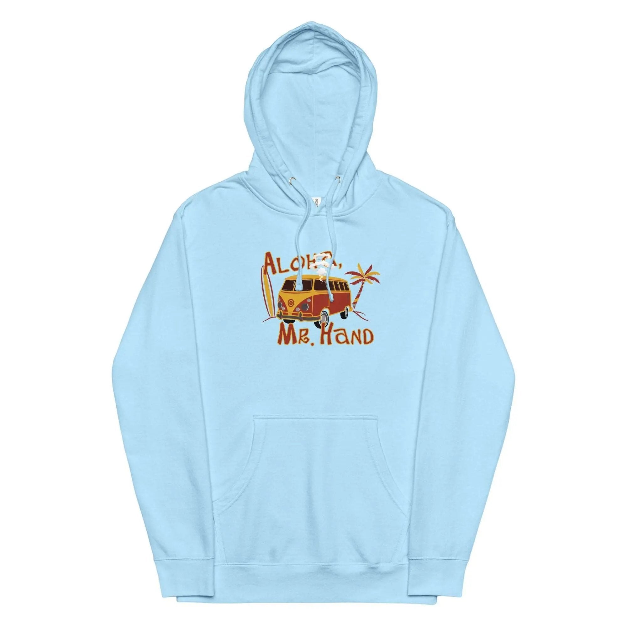 a blue hoodie with an image of a van on it