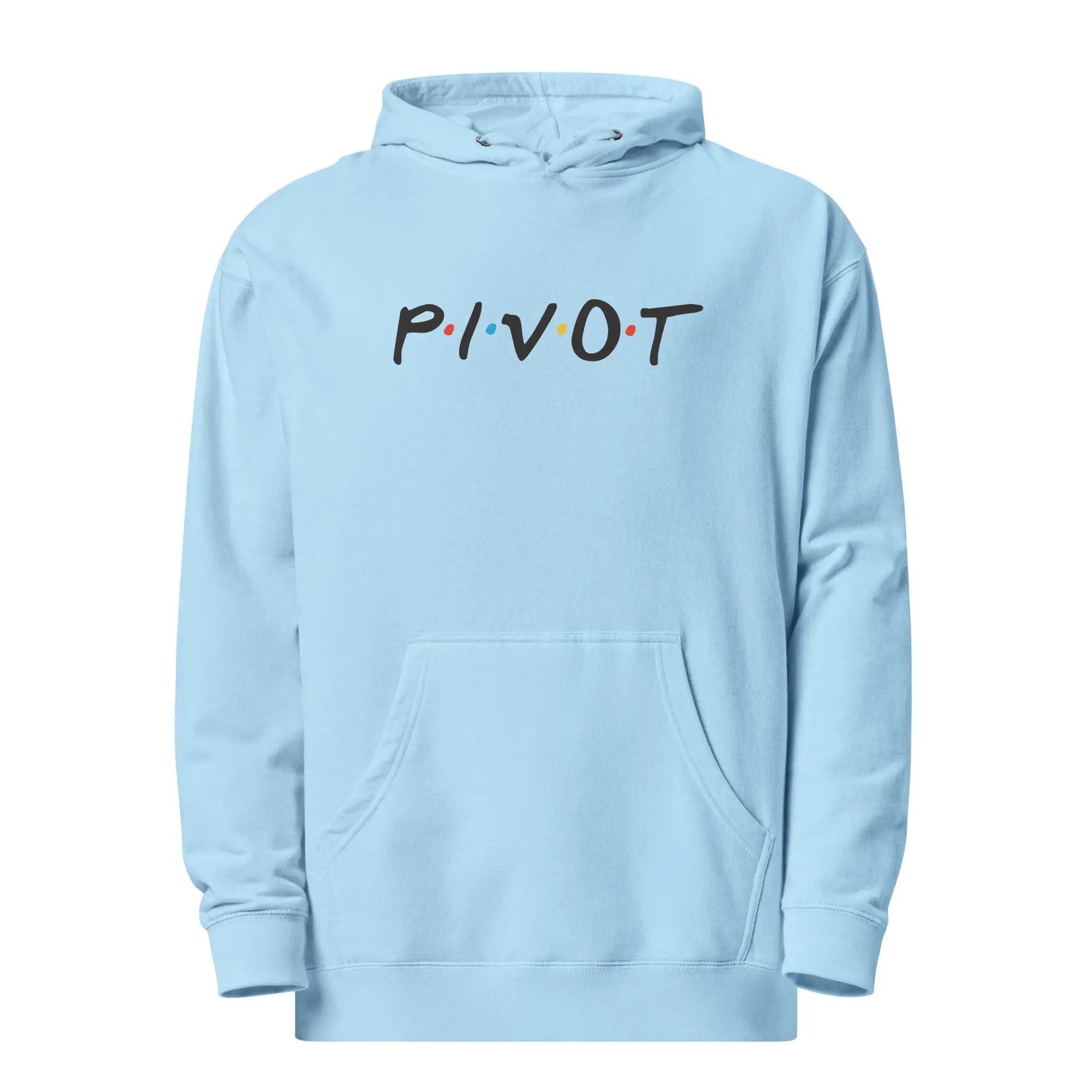 a blue hoodie with the word pivot printed on it