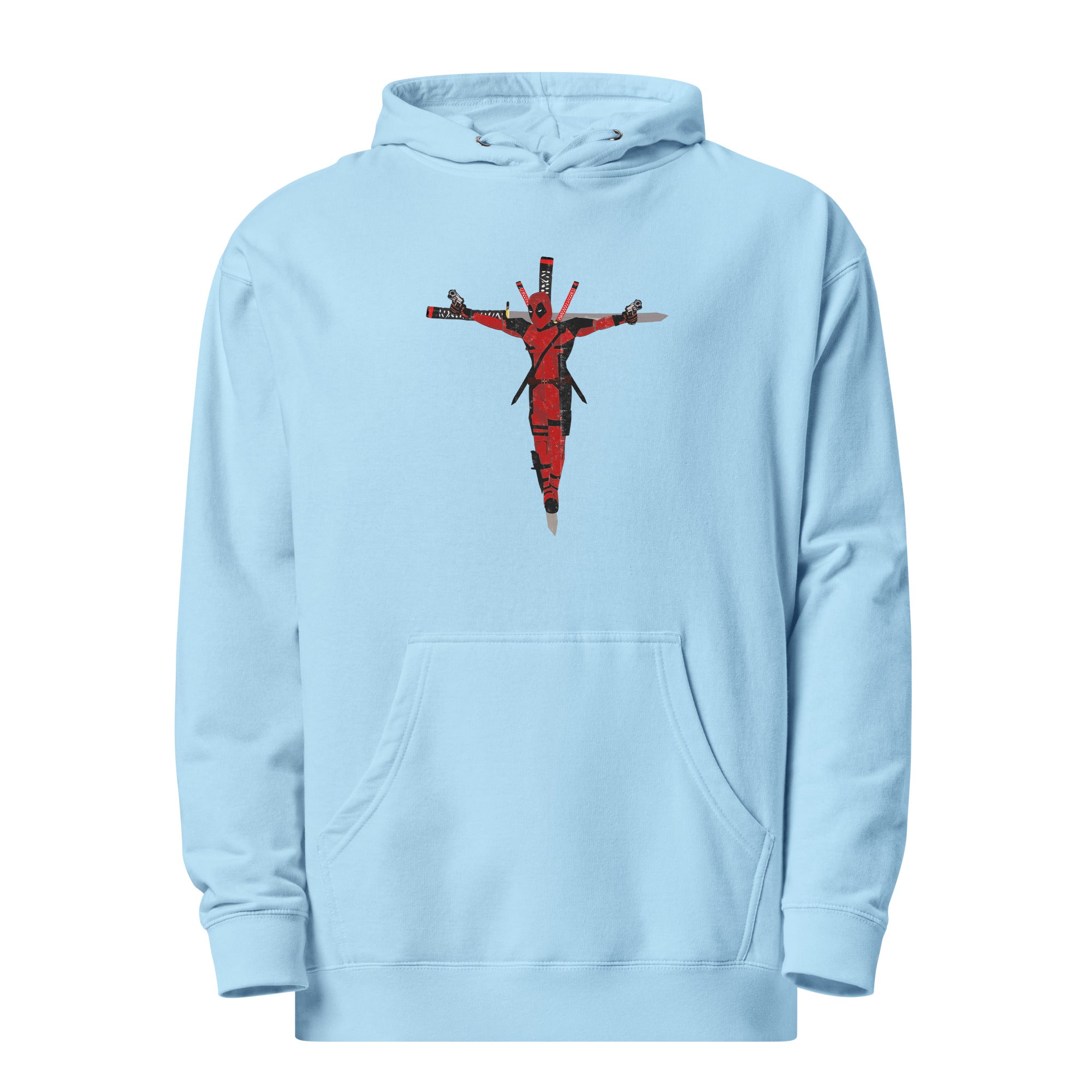 a blue hoodie with a red cross on it