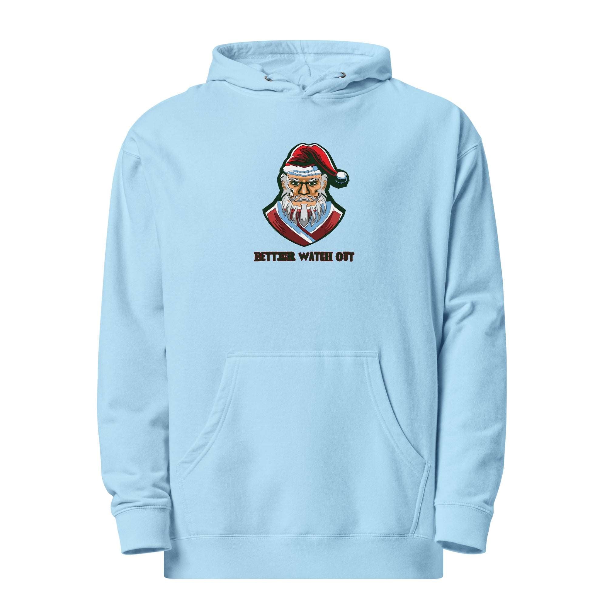 a blue hoodie with a santa clause on it