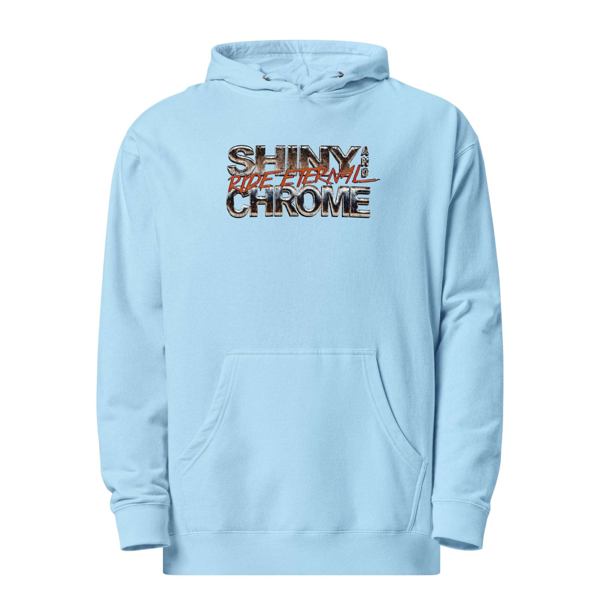 a light blue hoodie with the words shiny chrome on it