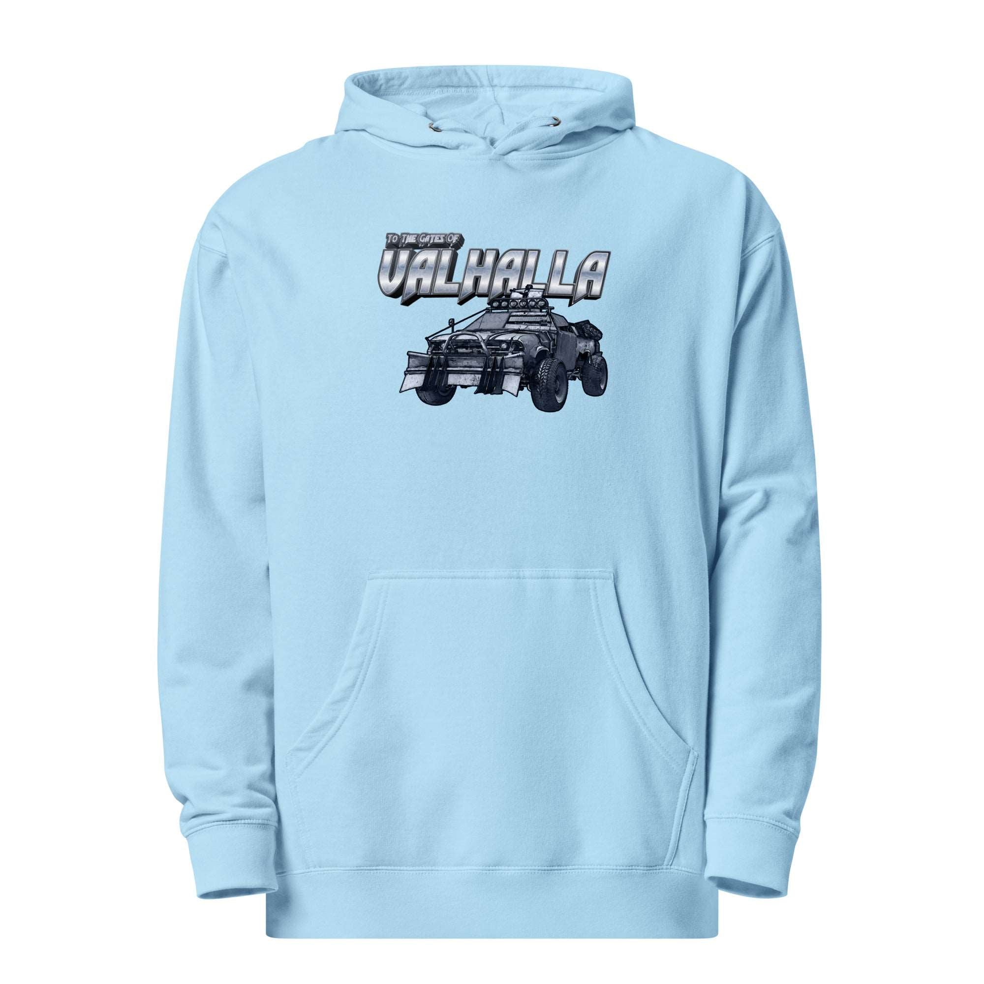 a light blue hoodie with an image of a jeep on it