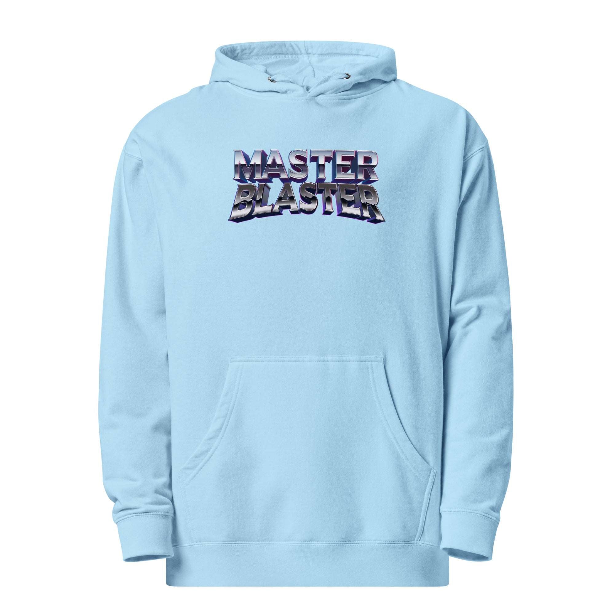 a blue hoodie with the words master blaster printed on it