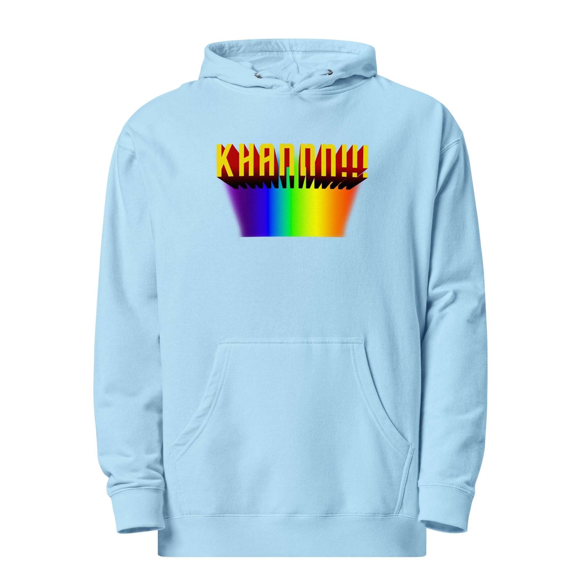 a blue hoodie with a rainbow design on it